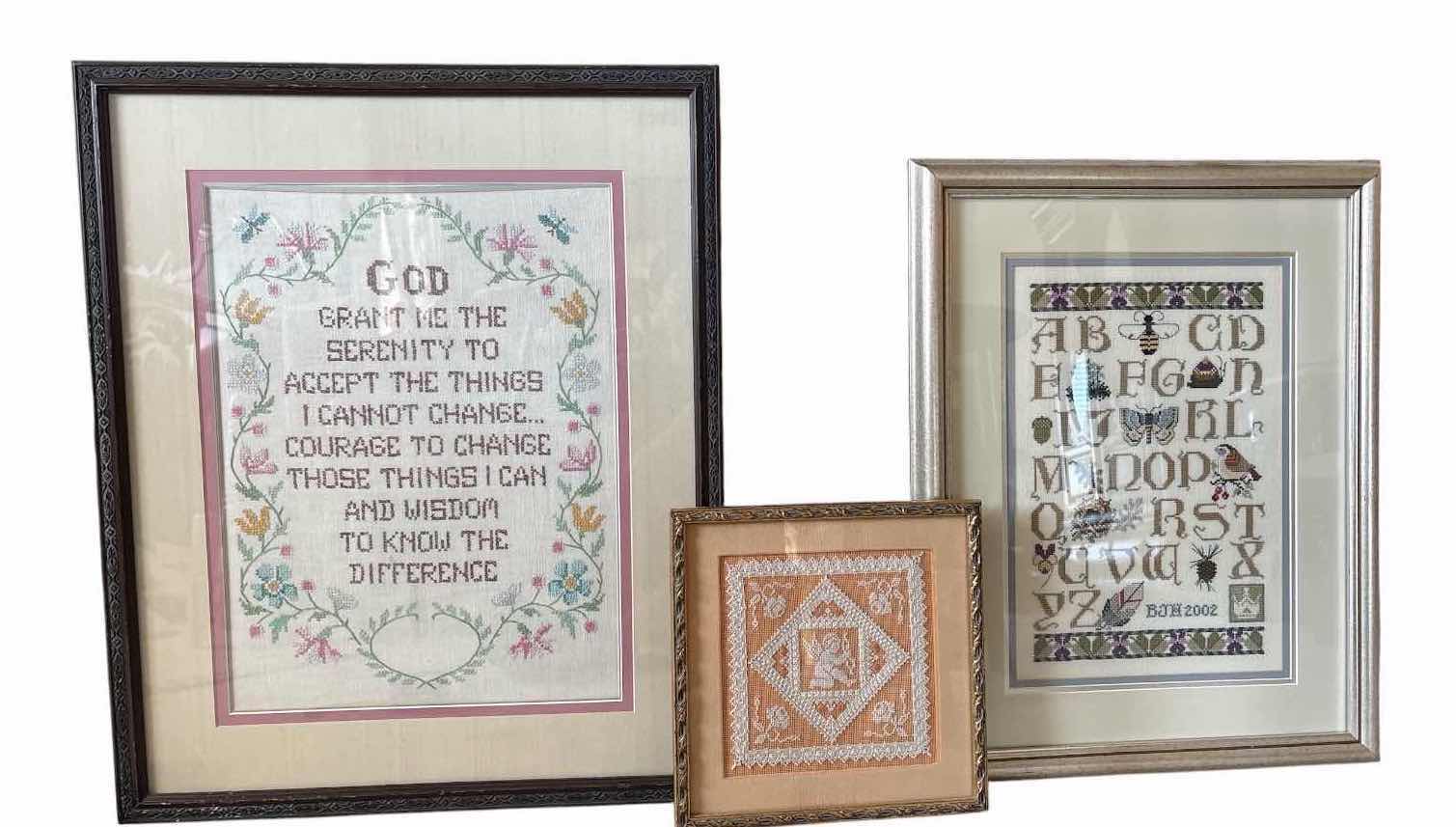 Photo 1 of (3)PCS FRAMED ARTWORK HANDMADE CROSS STITCH PIECES INCLUDING A SERENITY PRAYER SAMPLER, ALPHABET, & CUPID 20”X25” $150