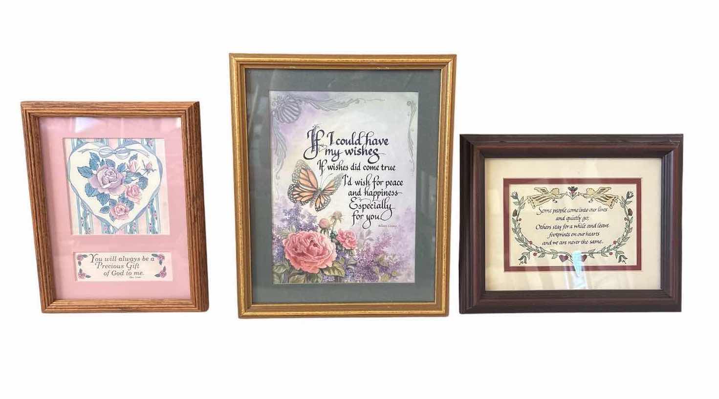 View 1 of (3)PCS FRAMED ARTWORK FLORAL DESIGNS, HEART, BUTTERFLY, AND SENTIMENT PRINTS IN WOOD AND GOLD-TONE FRAMES 9”X11” $90