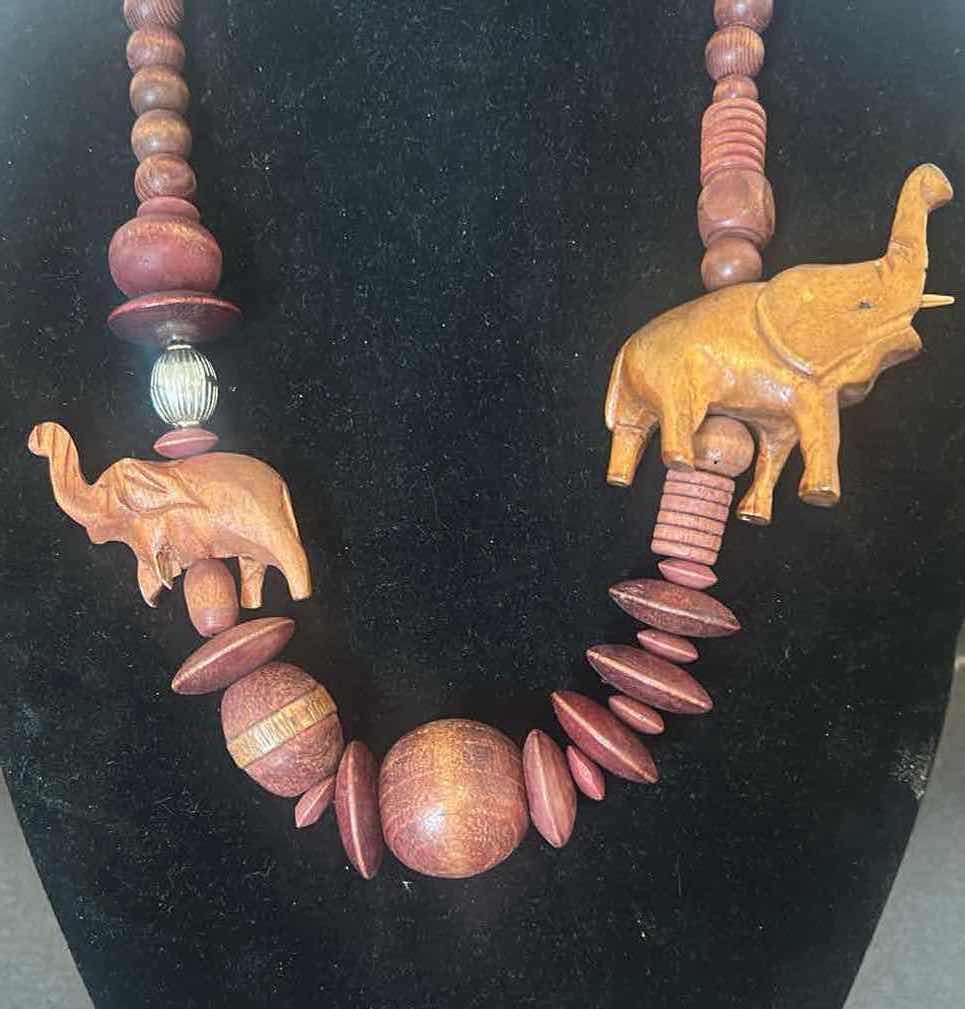 View 2 of VINTAGE BOHEMIAN STATEMENT NECKLACE W HAND CARVED WOODEN ELEPHANT PENDANT