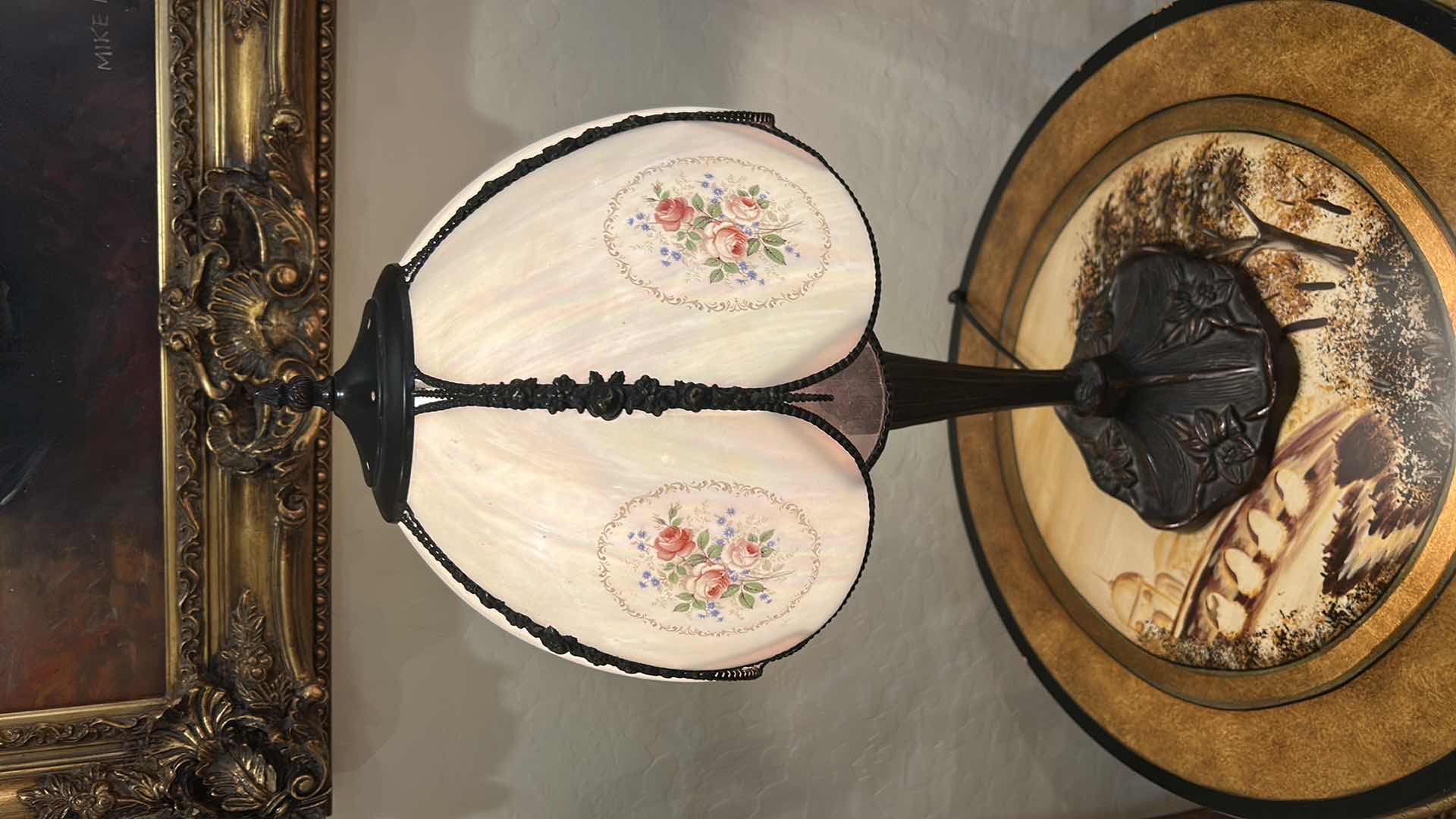Photo 1 of MEYDA TIFFANY-STYLE ROSES HAND-PAINTED BENT GLASS TABLE LAMP