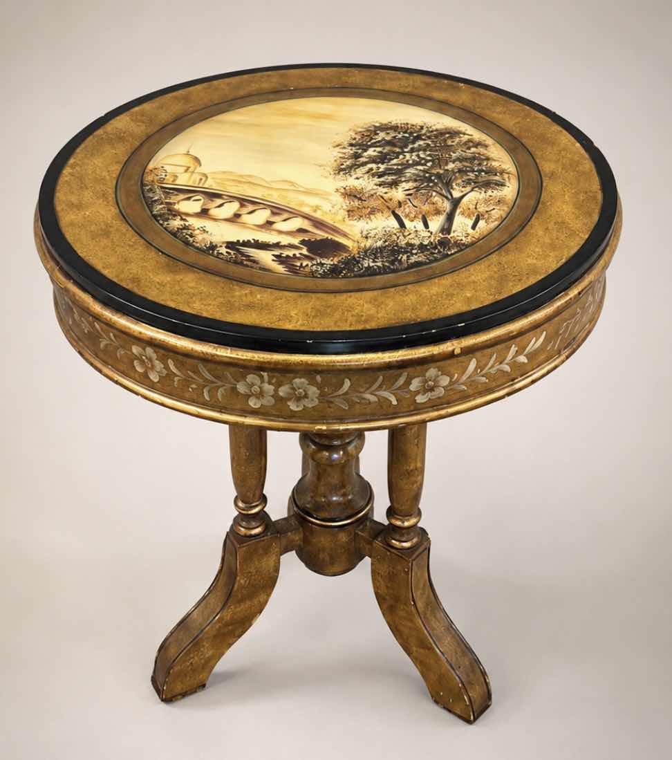 Photo 1 of VINTAGE ITALIAN HAND PAINTED OCCASIONAL ACCENT TABLE W LANDSCAPE MEDALLION & FLORAL APRON CARVED PEDESTAL BASE D22“ x H25.5“
