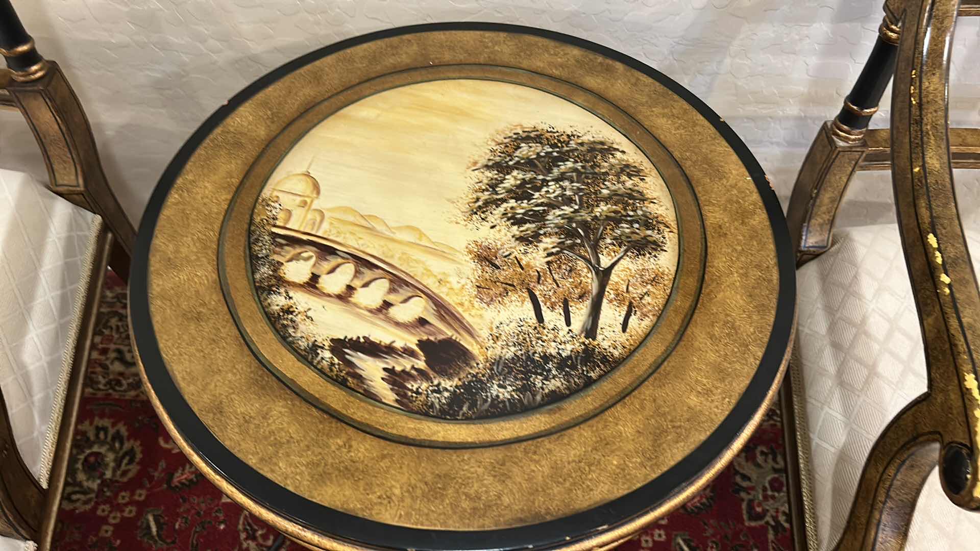 Photo 1 of VINTAGE ITALIAN HAND PAINTED OCCASIONAL ACCENT TABLE W LANDSCAPE MEDALLION & FLORAL APRON CARVED PEDESTAL BASE D22“ x H25.5“