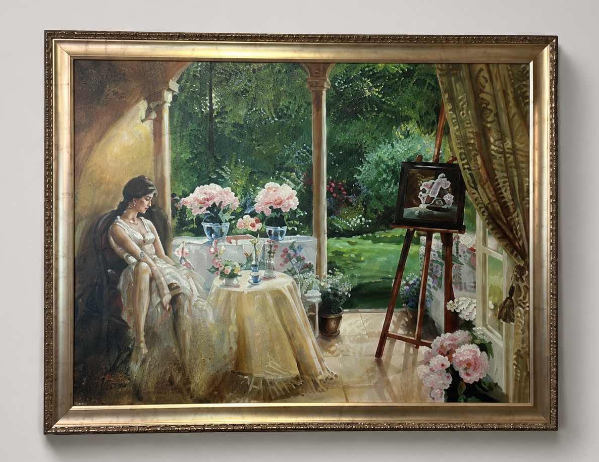 Photo 1 of FRAMED SIGNED OIL ON CANVAS PAINTING “AN ARTIST IN HER STUDIO”. ARTWORK 44" x 34"