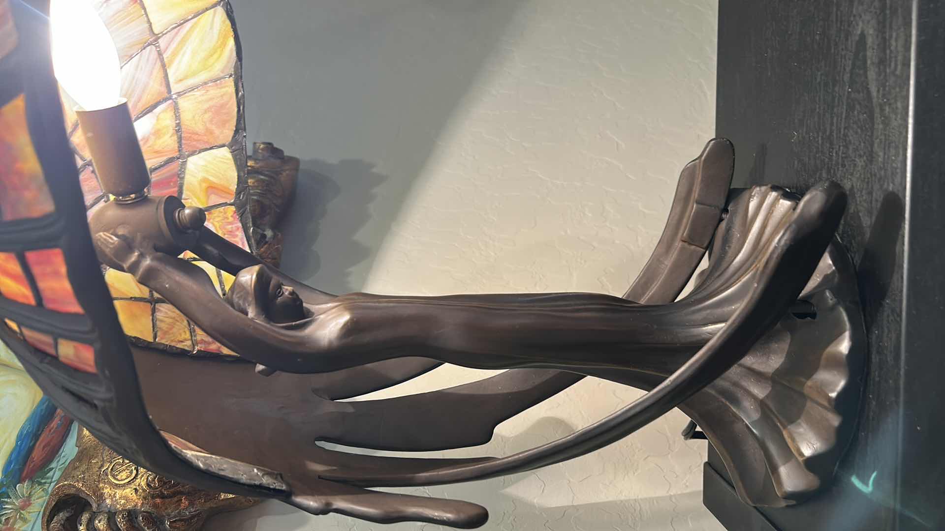 View 4 of ART NOUVEAU “FLYING LADY” TABLE LAMP WITH PATINATED BRONZE, FINISH AND RED SLAG GLASS SHADE, H29”
