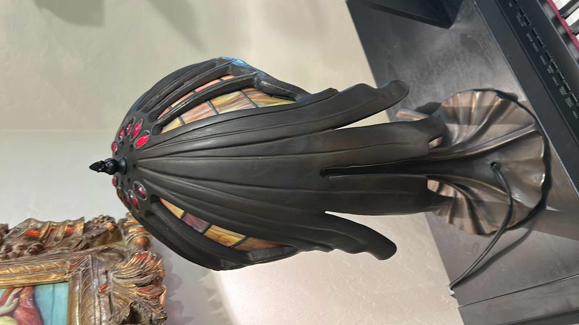 View 7 of ART NOUVEAU “FLYING LADY” TABLE LAMP WITH PATINATED BRONZE, FINISH AND RED SLAG GLASS SHADE, H29”
