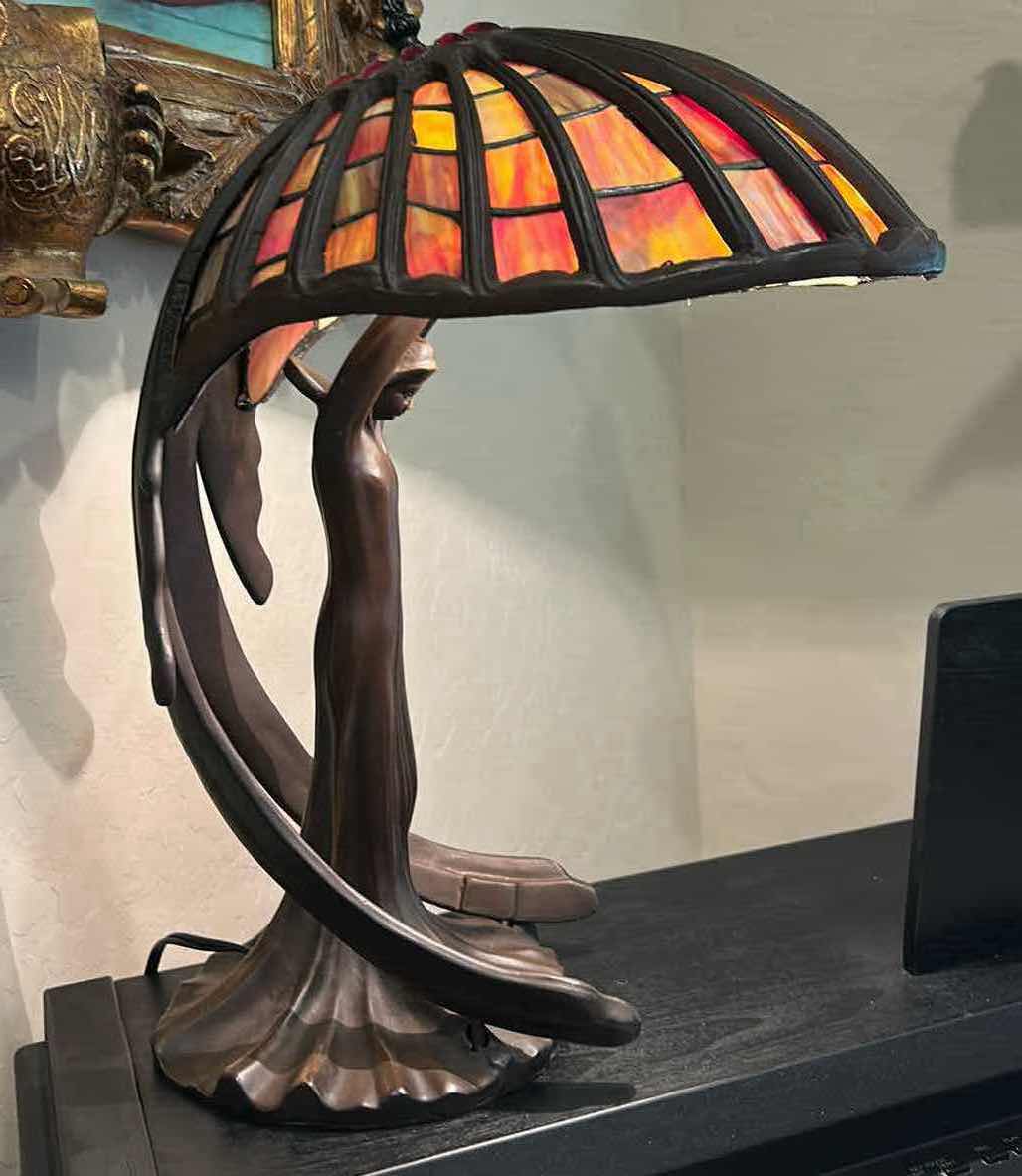 View 2 of ART NOUVEAU “FLYING LADY” TABLE LAMP WITH PATINATED BRONZE, FINISH AND RED SLAG GLASS SHADE, H29”