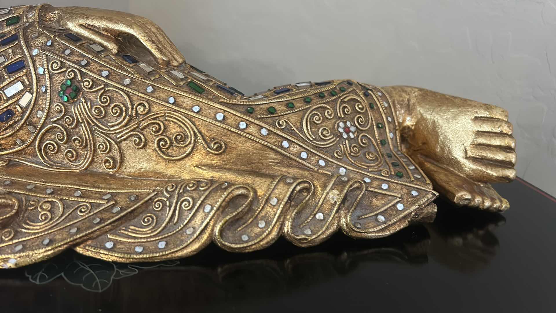 View 5 of HAND CARVED WOODEN RECLINING BUDDHA SCULPTURE,GOLD GILT FINISH W INLAID MIRROR GLASS 26” x H9”