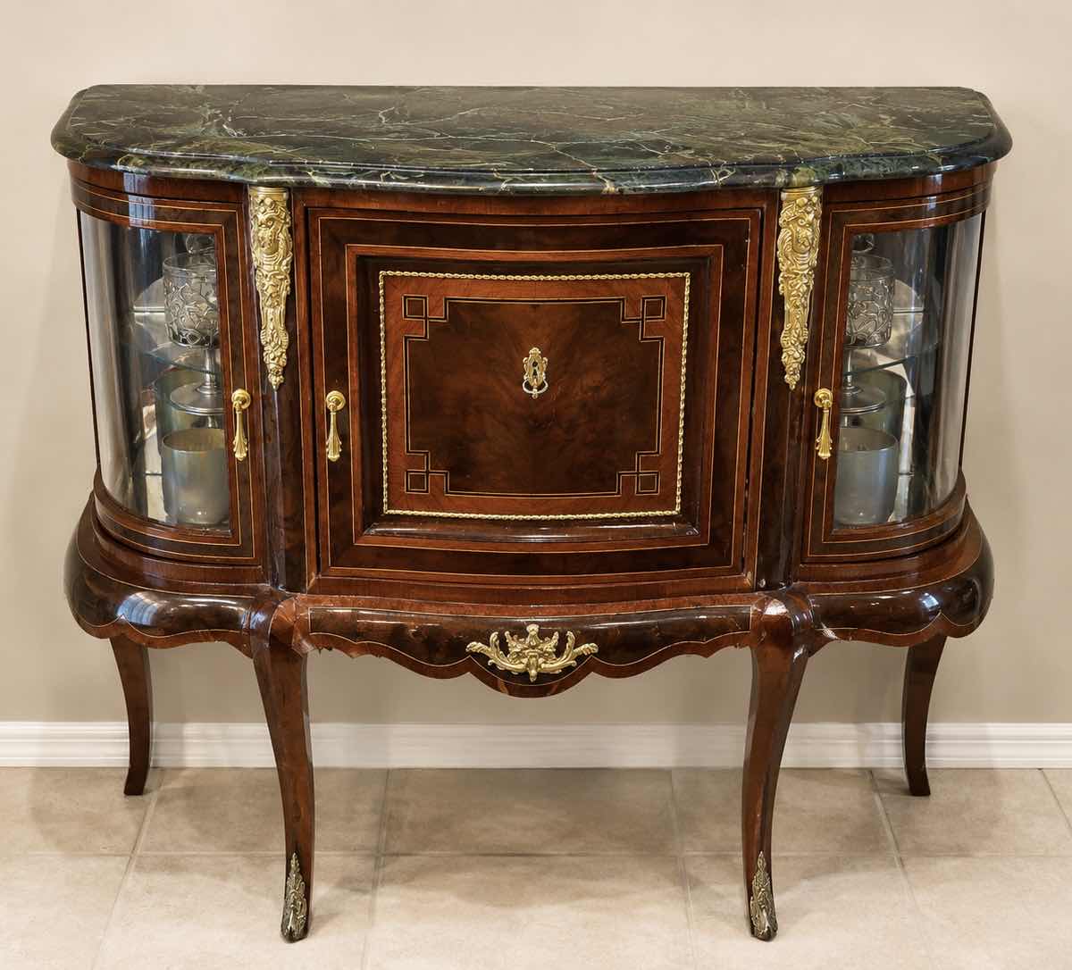 Photo 1 of LOUIS XV-STYLE FRENCH MARQUETRY SIDEBOARD/CREDENZA FEATURING A DARK MARBLE TOP AND DECORATIVE ORMOLU MOUNTS. 41“ x 16.75”  H 3’3”