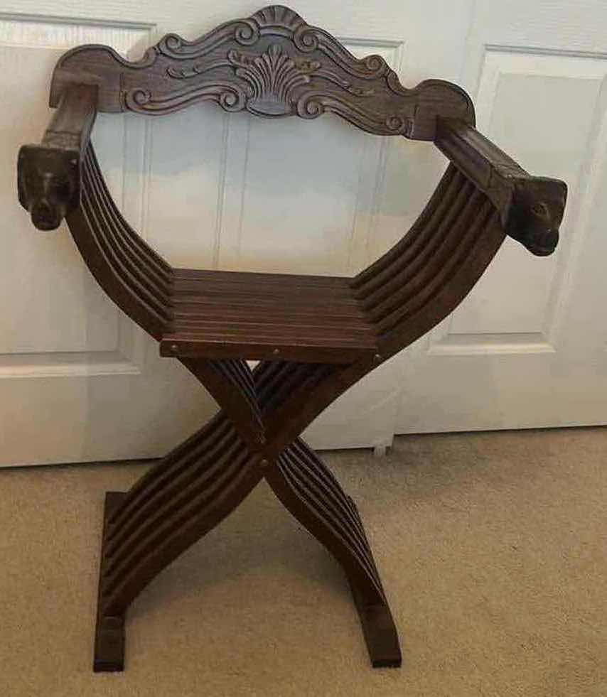 Photo 1 of VINTAGE ITALIAN RENAISSANCE HAND CARVED WOODEN SAVONAROLA FOLDING CHAIR