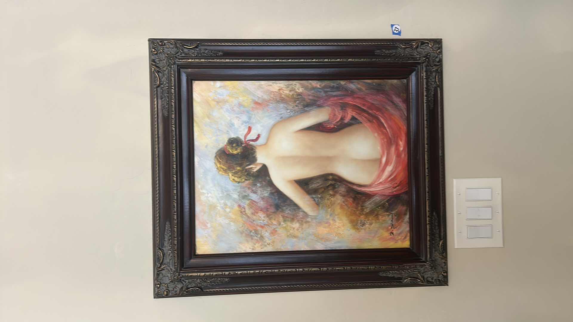 Photo 1 of ORNATELY FRAMED SIGNED OIL ON CANVAS "LADY W RED SCARVE" PAINTING ARTWORK 23.5 x 27.5