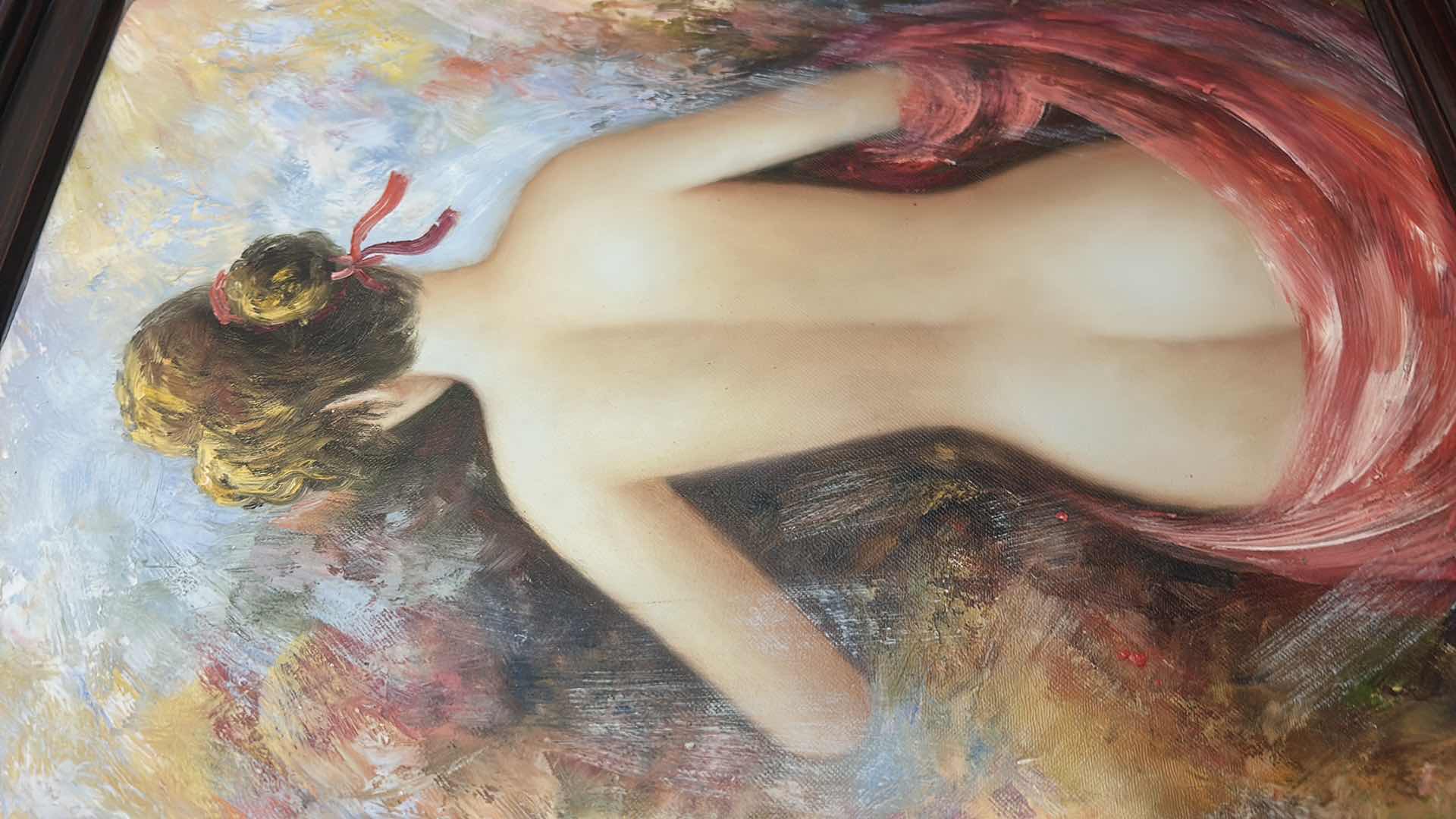 Photo 1 of ORNATELY FRAMED SIGNED OIL ON CANVAS "LADY W RED SCARVE" PAINTING ARTWORK 23.5 x 27.5