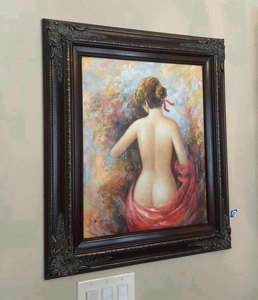 Photo 1 of ORNATELY FRAMED SIGNED OIL ON CANVAS "LADY W RED SCARVE" PAINTING ARTWORK 23.5 x 27.5