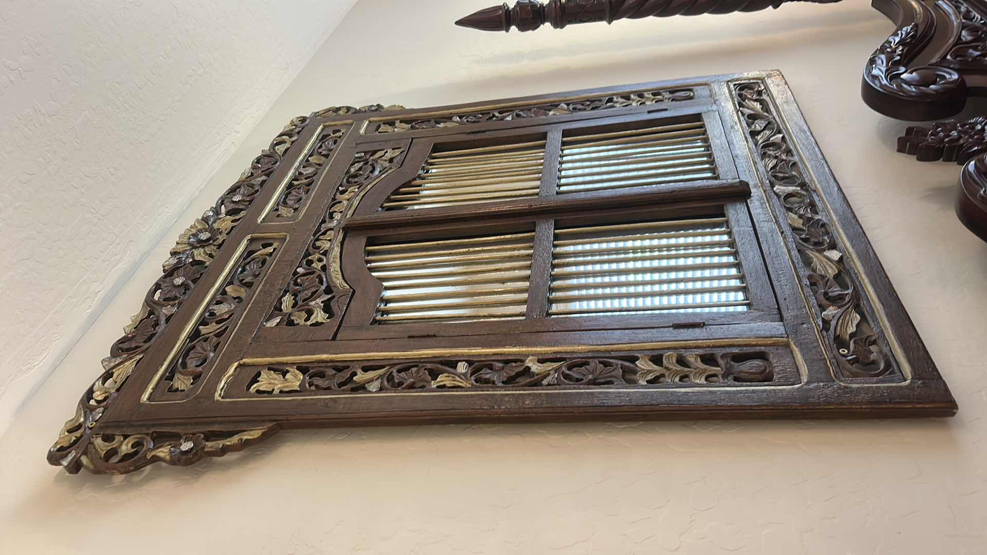 Photo 1 of VINTAGE INDONESIAN CARVED WINDOW MIRROR. 42” x 44.5”