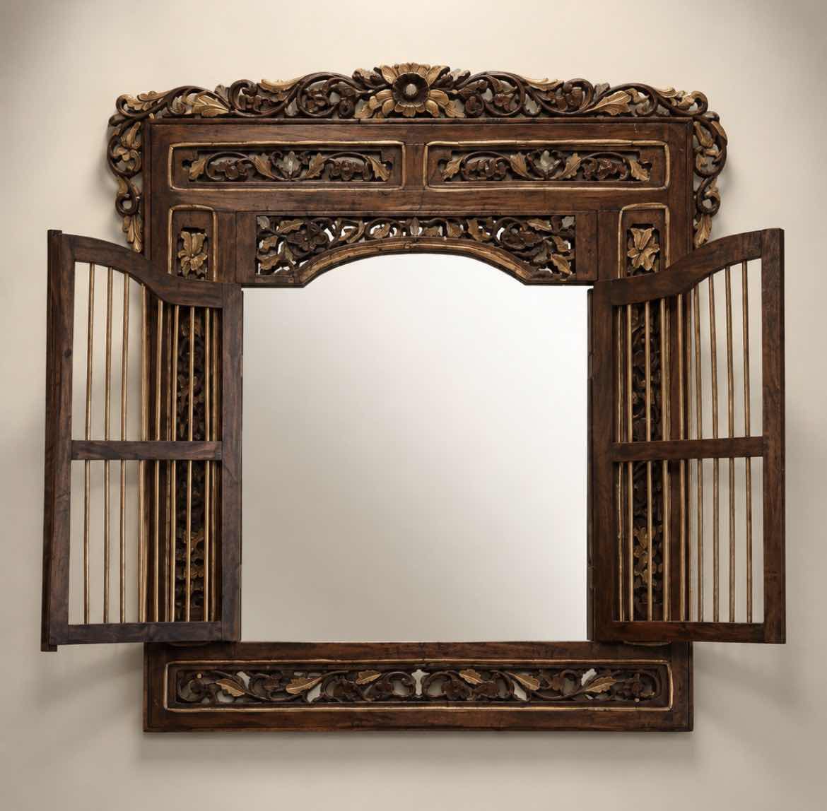 Photo 1 of VINTAGE INDONESIAN CARVED WINDOW MIRROR. 42” x 44.5”