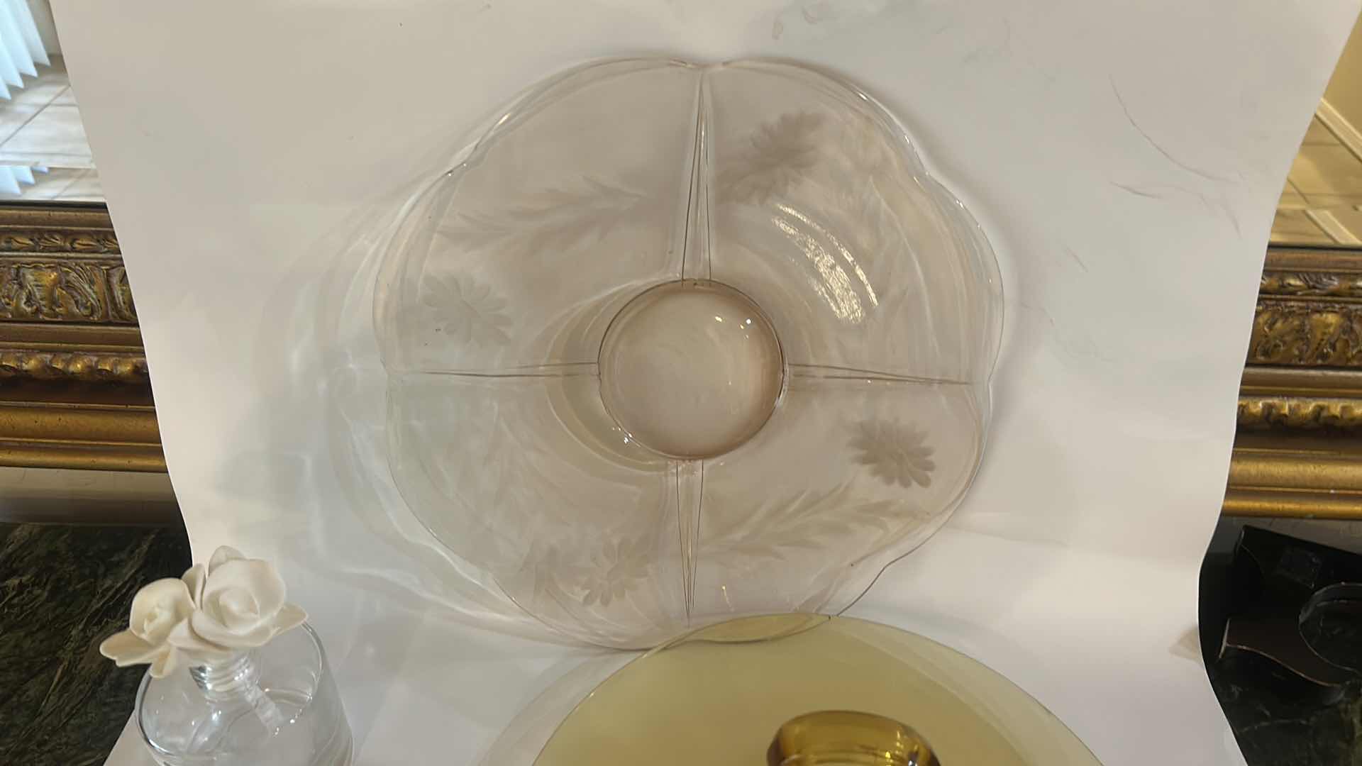 Photo 1 of VINTAGE AMBER GLASS CENTER HANDLE SANDWICH TRAY & LIGHT PINK GLASS TRAY