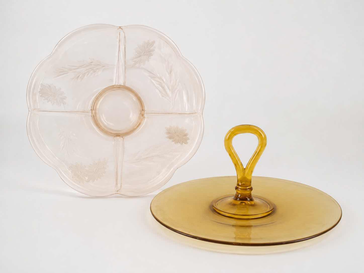 Photo 1 of VINTAGE AMBER GLASS CENTER HANDLE SANDWICH TRAY & LIGHT PINK GLASS TRAY