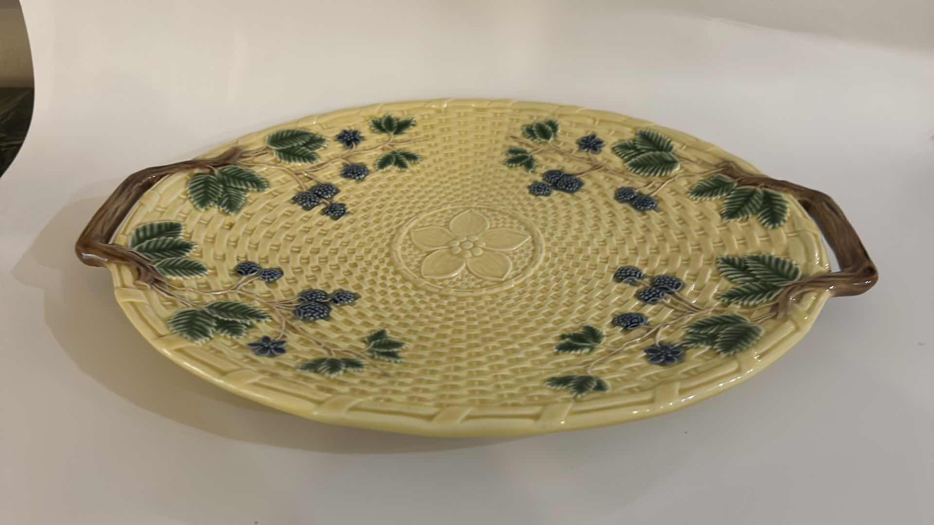 Photo 1 of VINTAGE TIFFANY & CO. MAJOLICA HANDLED SERVING TRAY MADE IN PORTUGAL 13.75” x H9 1/2”