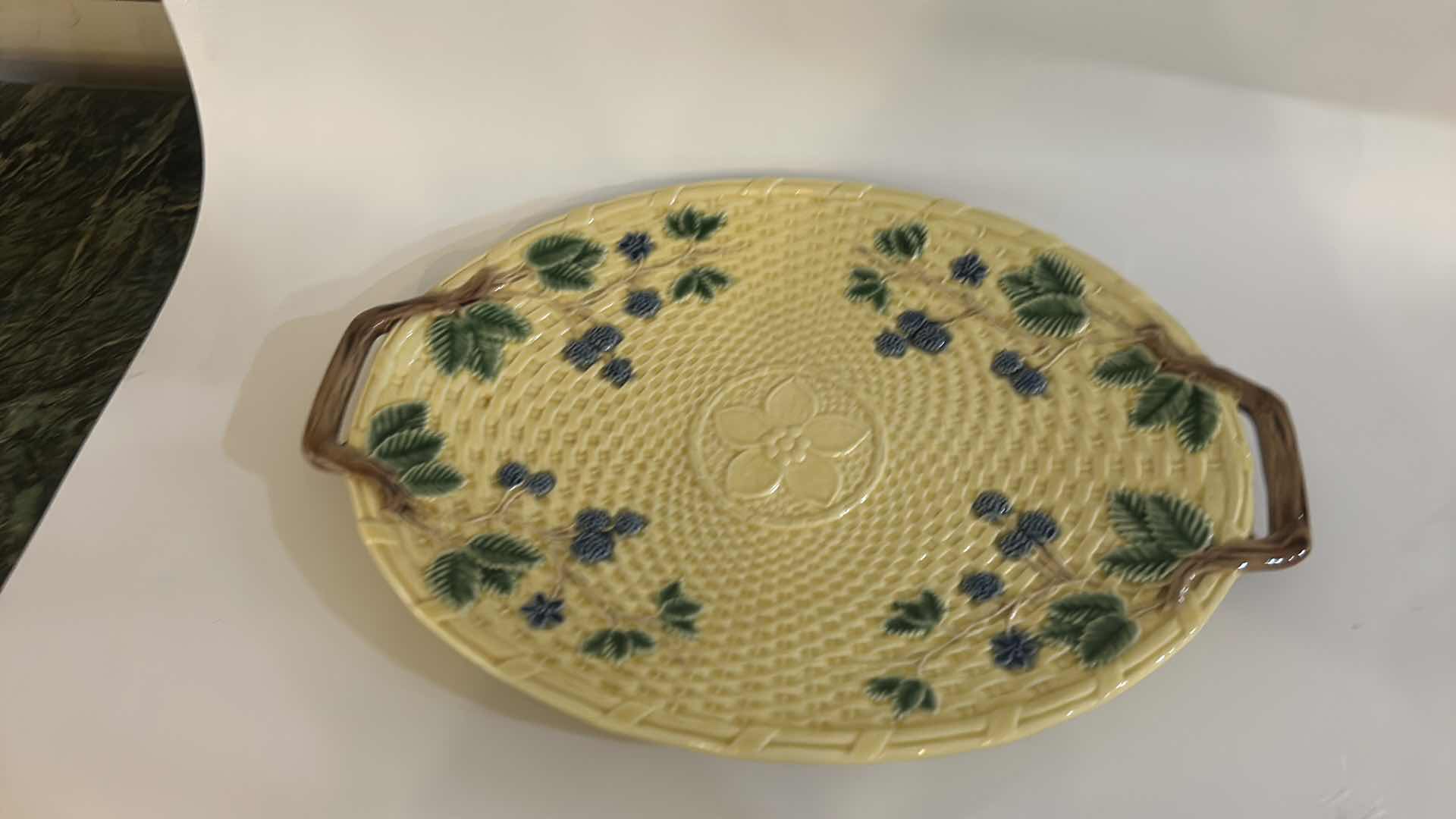 Photo 1 of VINTAGE TIFFANY & CO. MAJOLICA HANDLED SERVING TRAY MADE IN PORTUGAL 13.75” x H9 1/2”