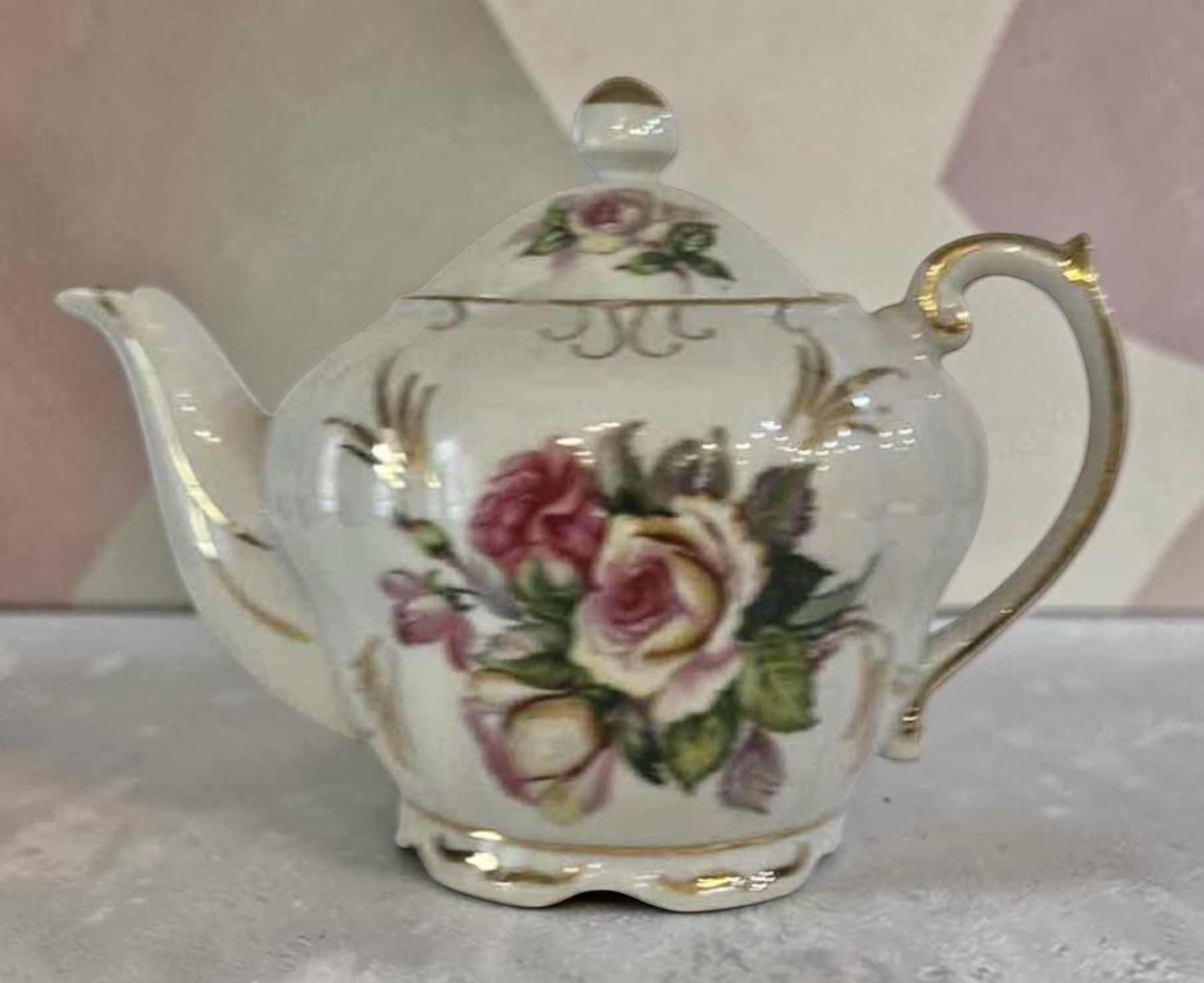 Photo 1 of VINTAGE PORCELAIN TEAPOT WITH PINK ROSES H7”