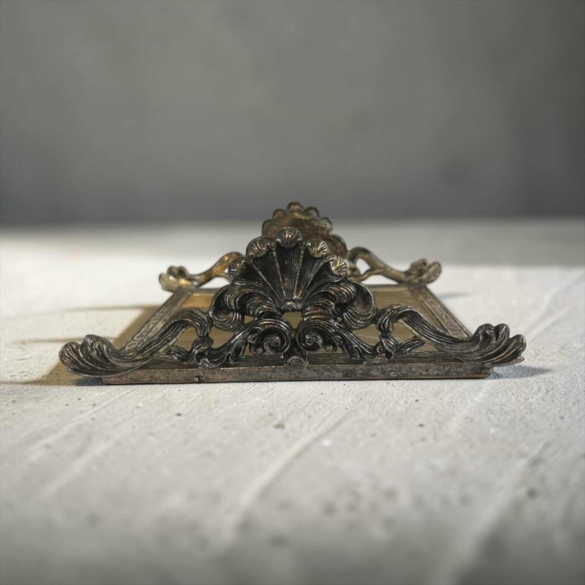 Photo 1 of ORNATE GODINGER VINTAGE SILVER PLATED NAPKIN HOLDER/KNIFE REST WITH ROCOCO STYLE, SCROLL WORK. 8 1/2” x 5 1/2” x H3” $50