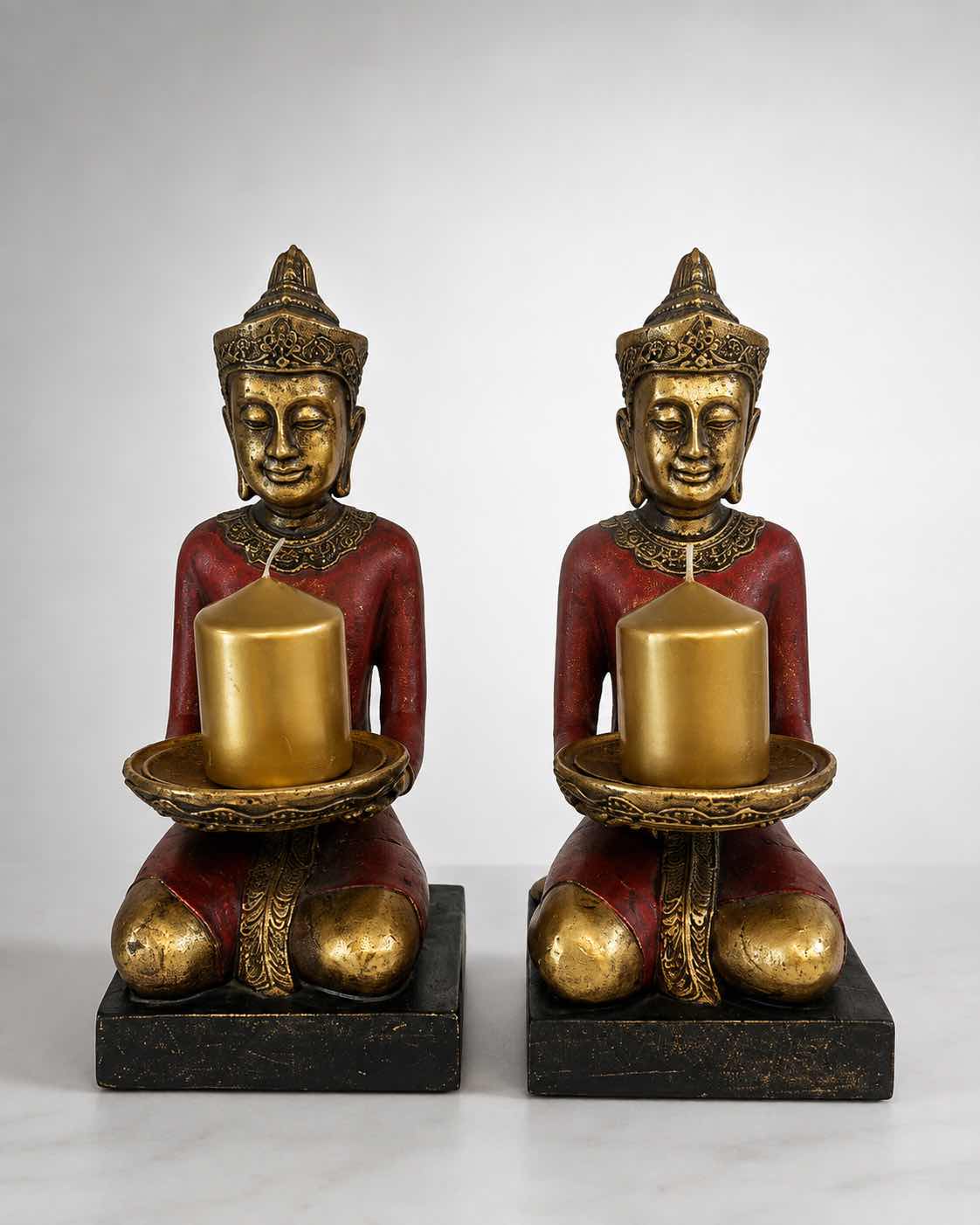 Photo 1 of 2 - RED & GOLD RESIN BUDDHA CANDLE HOLDER FIGURINES H8.5”