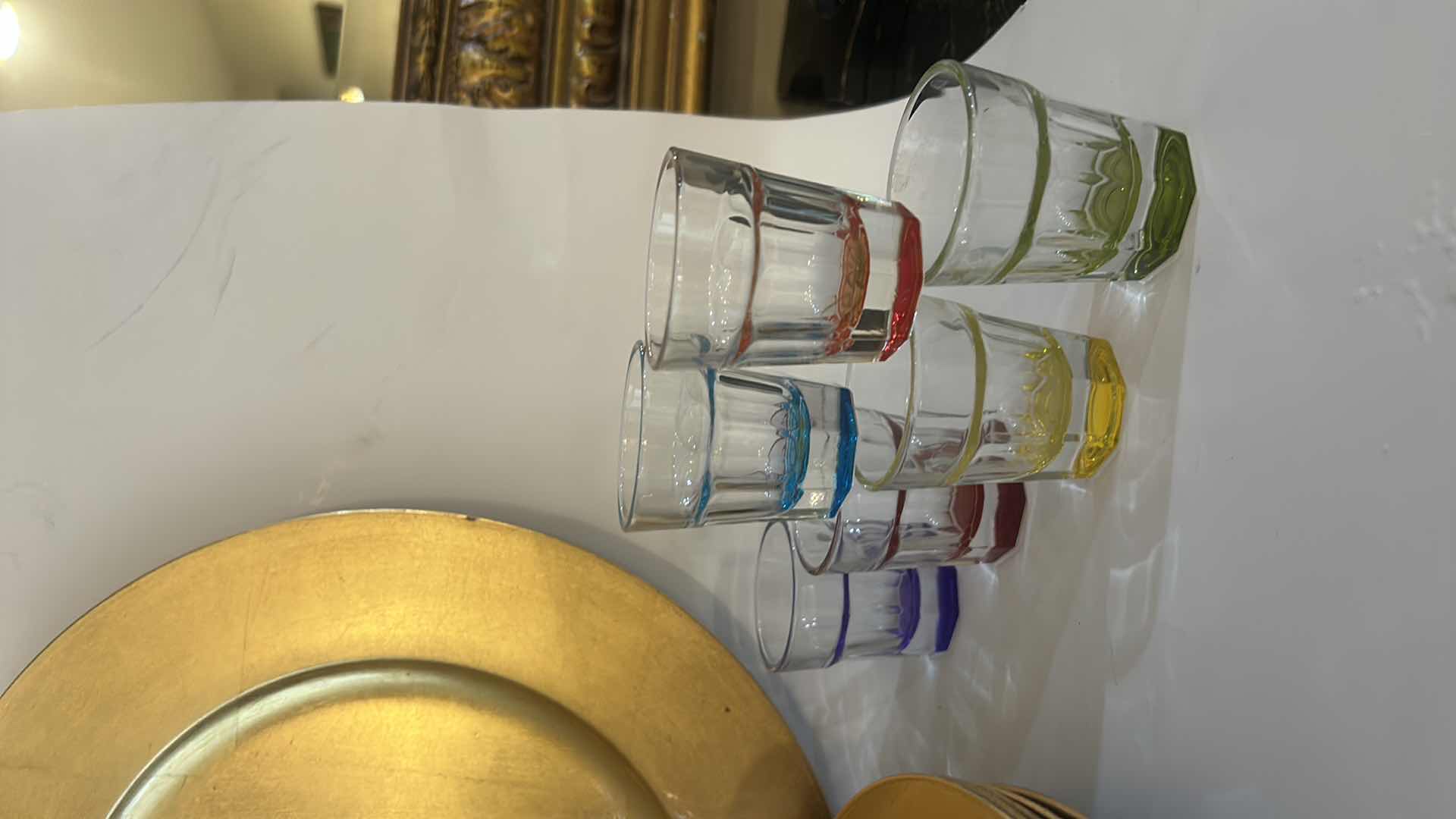 Photo 1 of GOLD TONE PLATE CHARGERS, SHOT GLASSES, COFFEE, MUGS