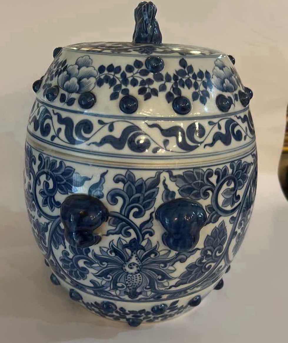 Photo 1 of BLUE AND WHITE PORCELAIN LIDDED JAR. H11”