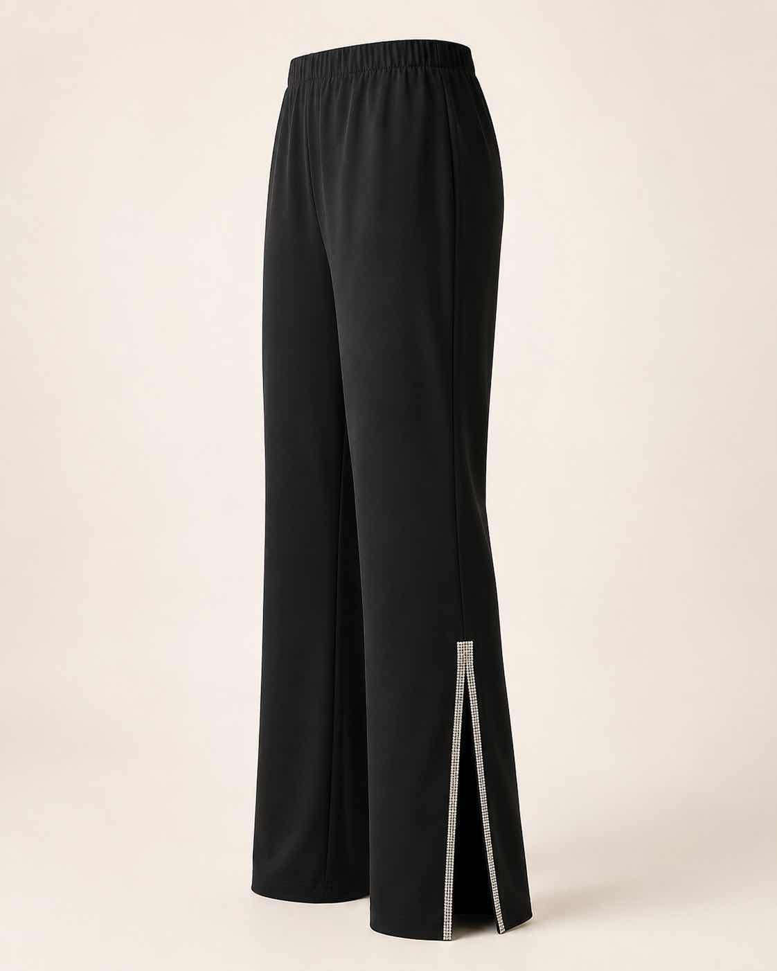 Photo 1 of PRELUDE BLACK ELASTIC WAIST PANTS WITH RHINESTONE SLIT DETAIL WOMEN’S SIZE PETITE MEDIUM