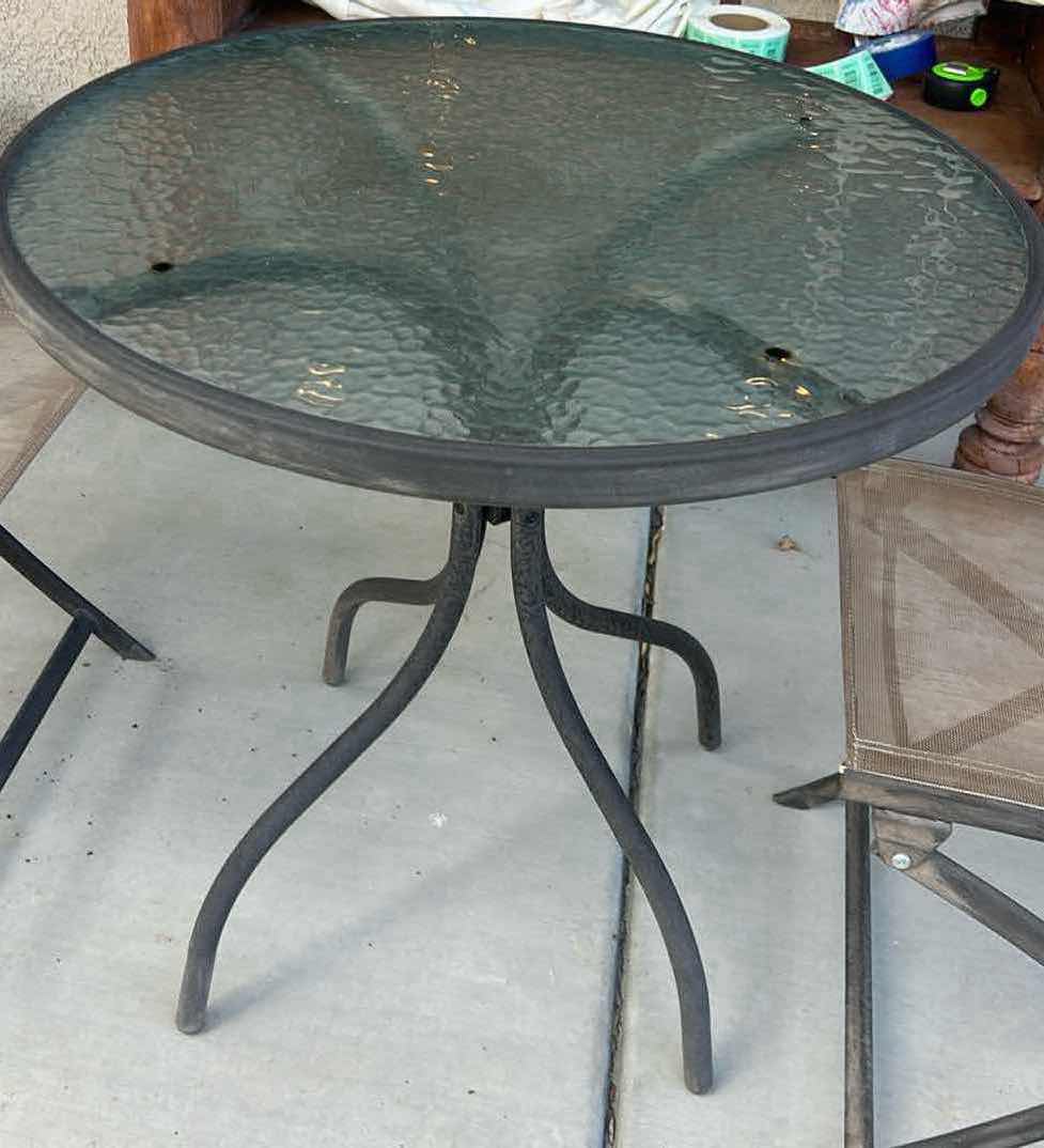 View 3 of METAL BISTRO TABLE WITH WAVY GLASS TOP AND TWO CHAIR CHAIRS.