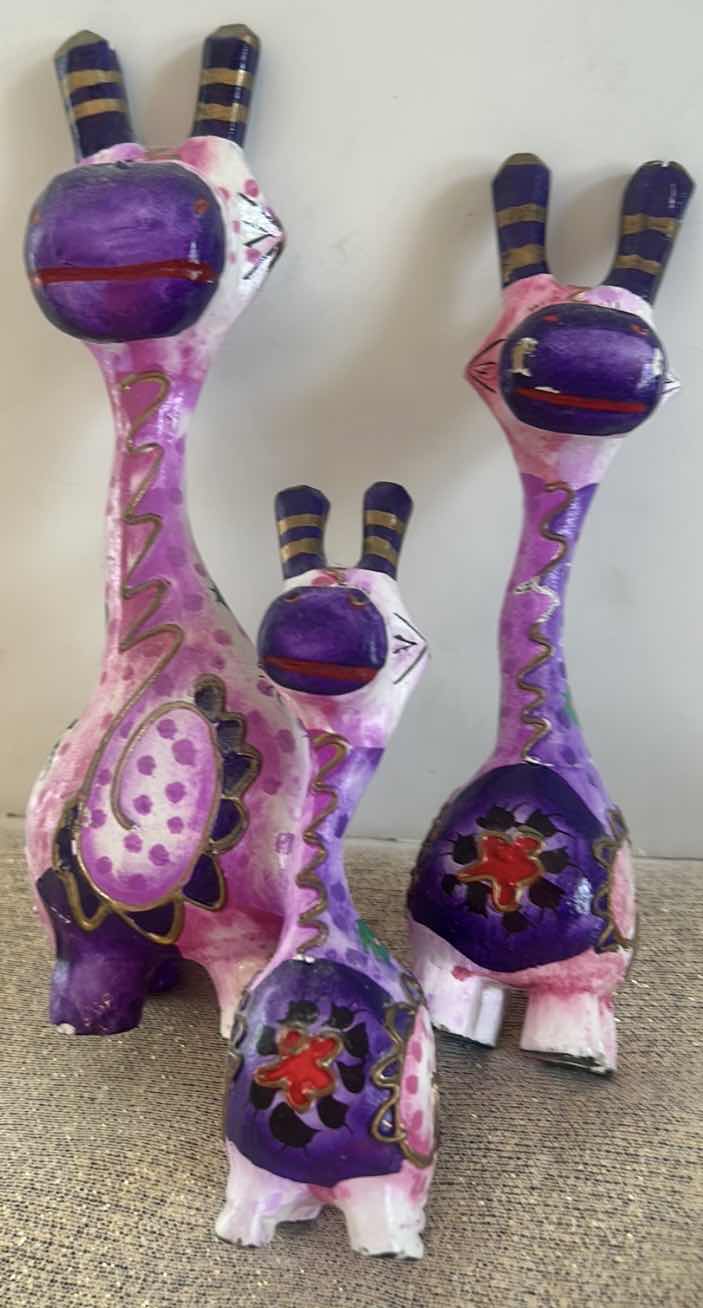 Photo 1 of HANDMADE 3-PIECE WHIMSICAL PURPLE GIRAFFE STATUE SET, TALLEST H10”