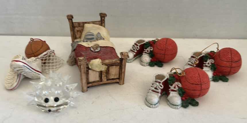 Photo 1 of FOUR BASKETBALL ORNAMENTS, GLASS, PORCUPINE & CERAMIC FIGURINE OF CAT IN BED H2.5”