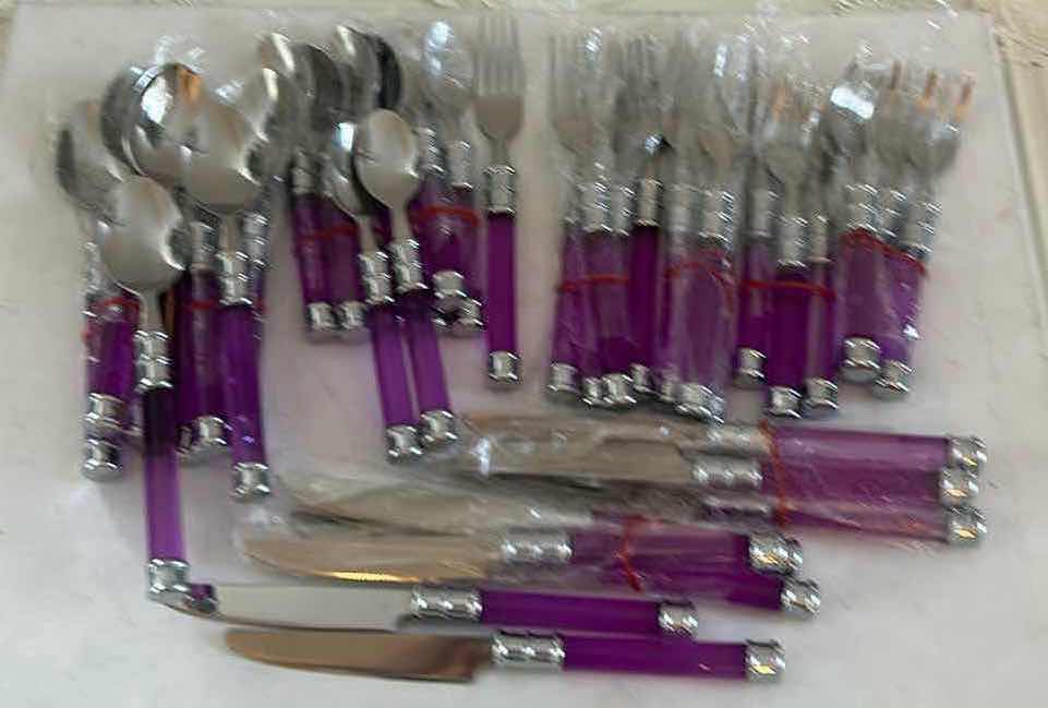 Photo 1 of 40 PC PURPLE HANDLED, STAINLESS STEEL FLATWARE & CUTLERY SET