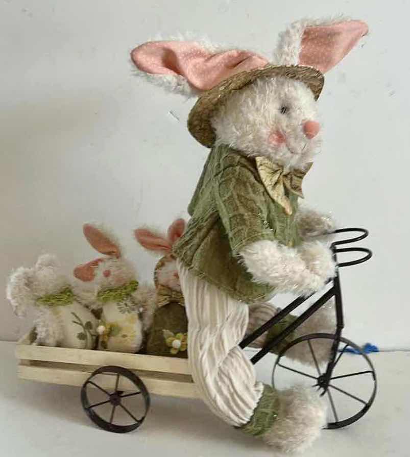 Photo 1 of EASTER BUNNY PLUSH FIGURINE RIDING BIKE W CART W BABY BUNNIES H 20”