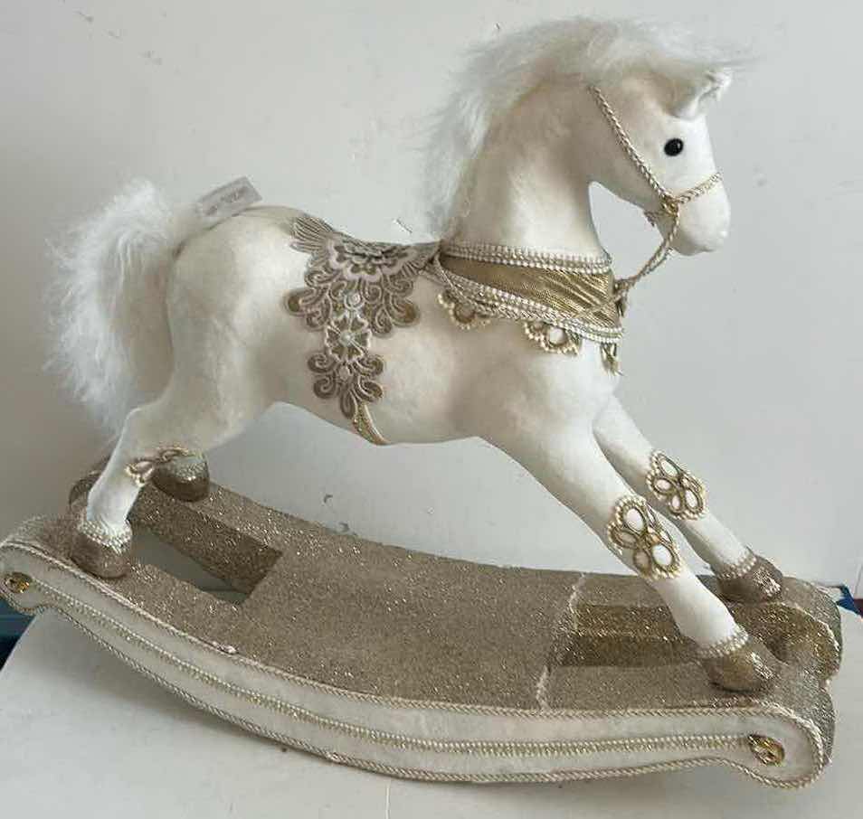 Photo 1 of WHITE AND GOLD FESTIVE ROCKING HORSE 27” x 7” 8” x H23”