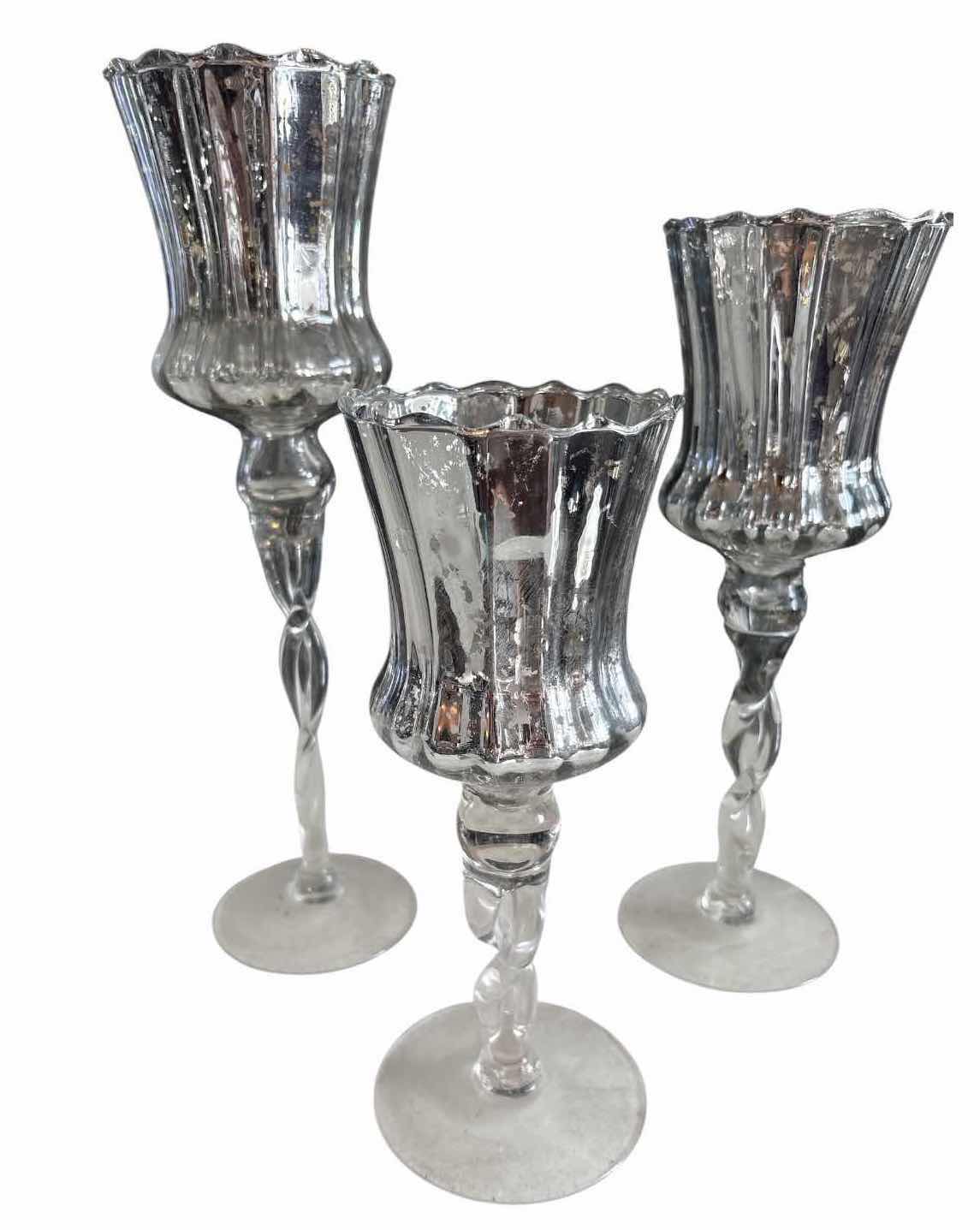 Photo 1 of 3-PCS MERCURY GLASS HURRICANE CANDLE HOLDERS WITH TWISTED STEMS H13.5”