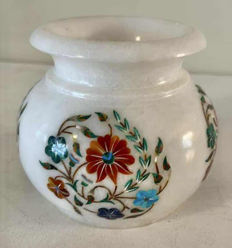 Photo 1 of HANDMADE WHITE MARBLE POT (MATKI) TRADITIONAL INDIAN GEMSTONE AND FLORAL INLAY H4”