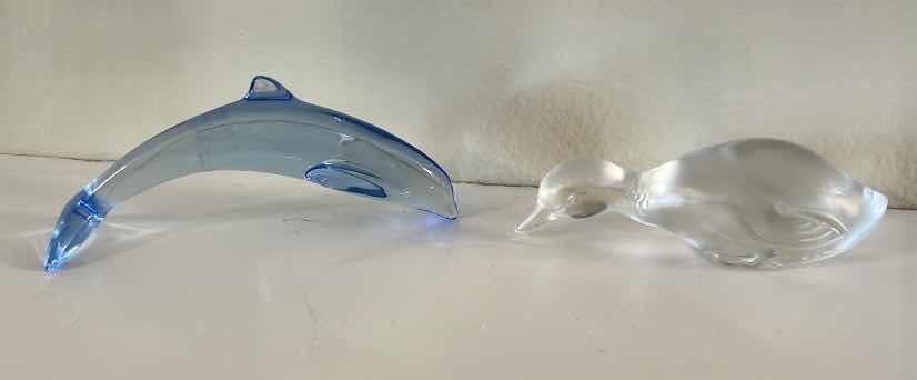 Photo 1 of 2 BACCARAT CRYSTAL FIGURINES - DAUPHIN DIVING DOLPHIN & SWIMMING /HUNTING DUCK  H3”
