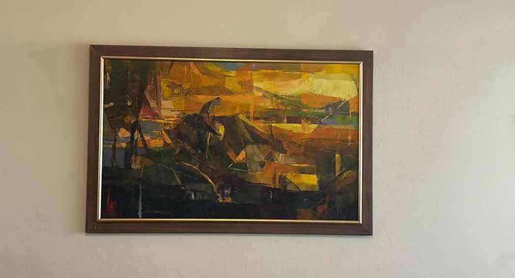Photo 1 of FRAMED ORIGINAL 1969 OIL PAINTING ON CANVAS BY ROMEO BORJA ENRIQUEZ, LANDSCAPE ARTWORK, 43 1/2“ x H28 1/2“