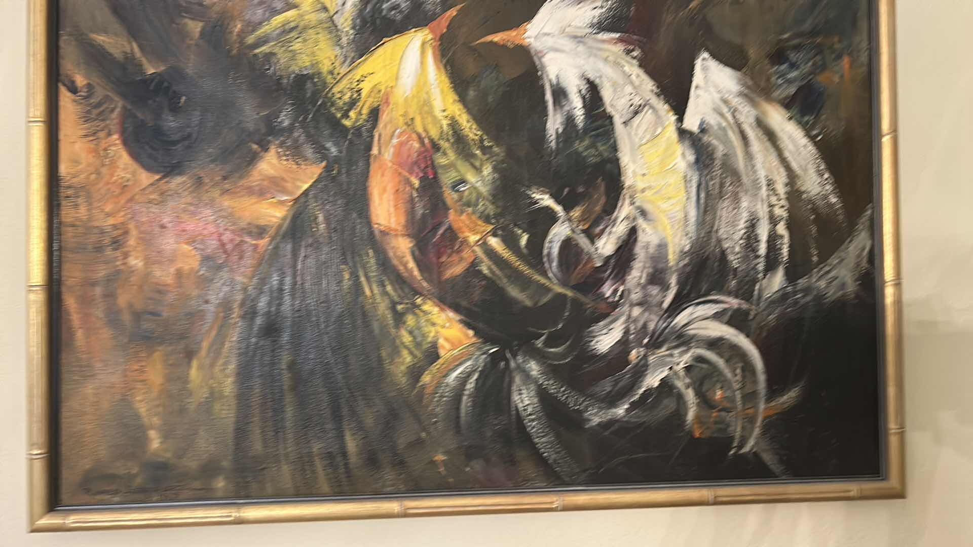 Photo 1 of FRAMED ORIGINAL 1969 OIL PAINTING ON CANVAS BY ROMEO BORJA ENRIQUEZ, “THE COCK FIGHT” ARTWORK,  36 1/2“ x H24 1/2“