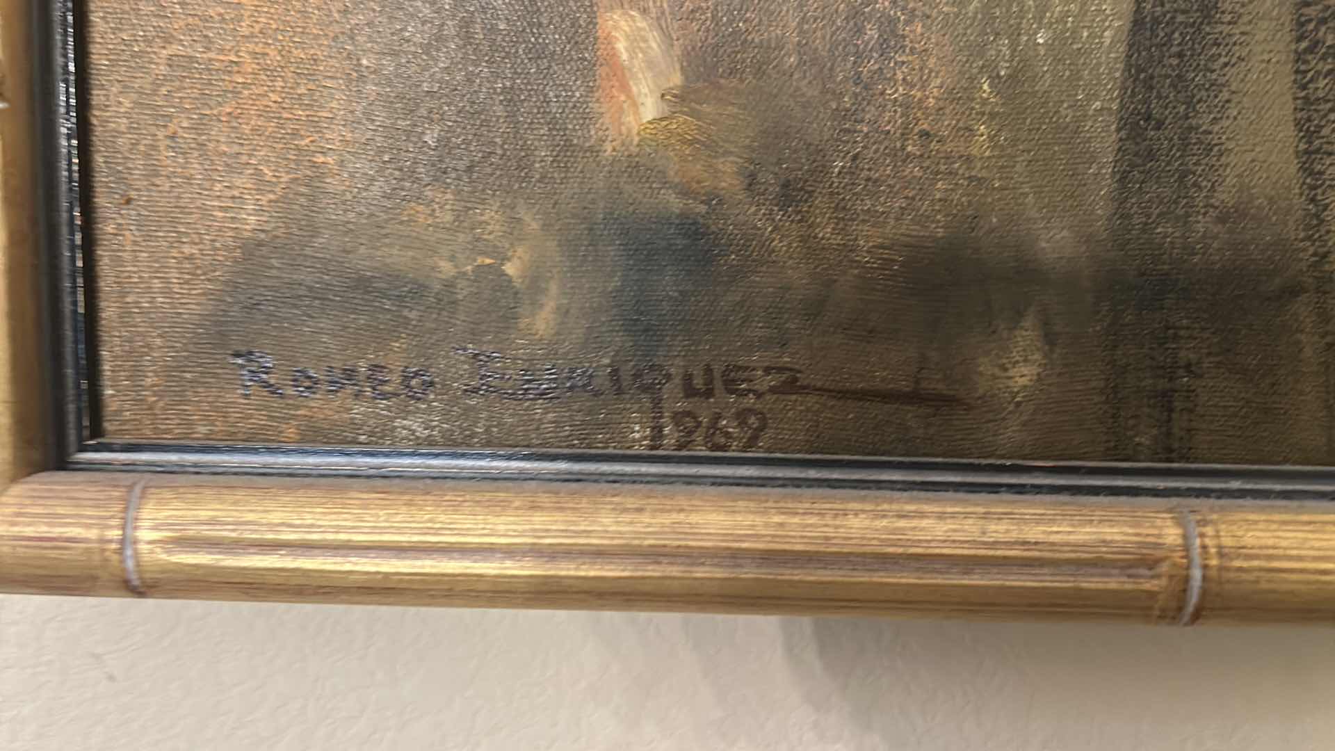Photo 1 of FRAMED ORIGINAL 1969 OIL PAINTING ON CANVAS BY ROMEO BORJA ENRIQUEZ, “THE COCK FIGHT” ARTWORK,  36 1/2“ x H24 1/2“