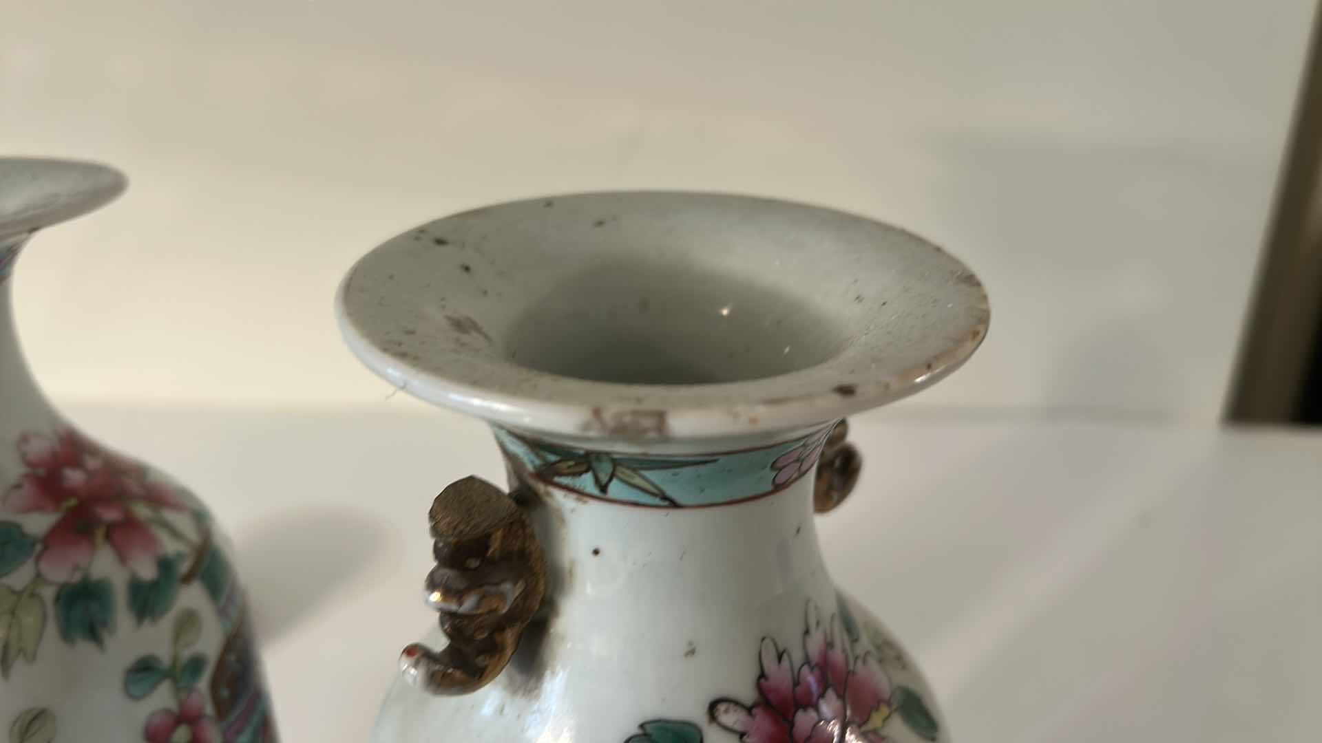 Photo 1 of 2 CHINESE FAMILLE ROSE PORCELAIN VASES H10.75”