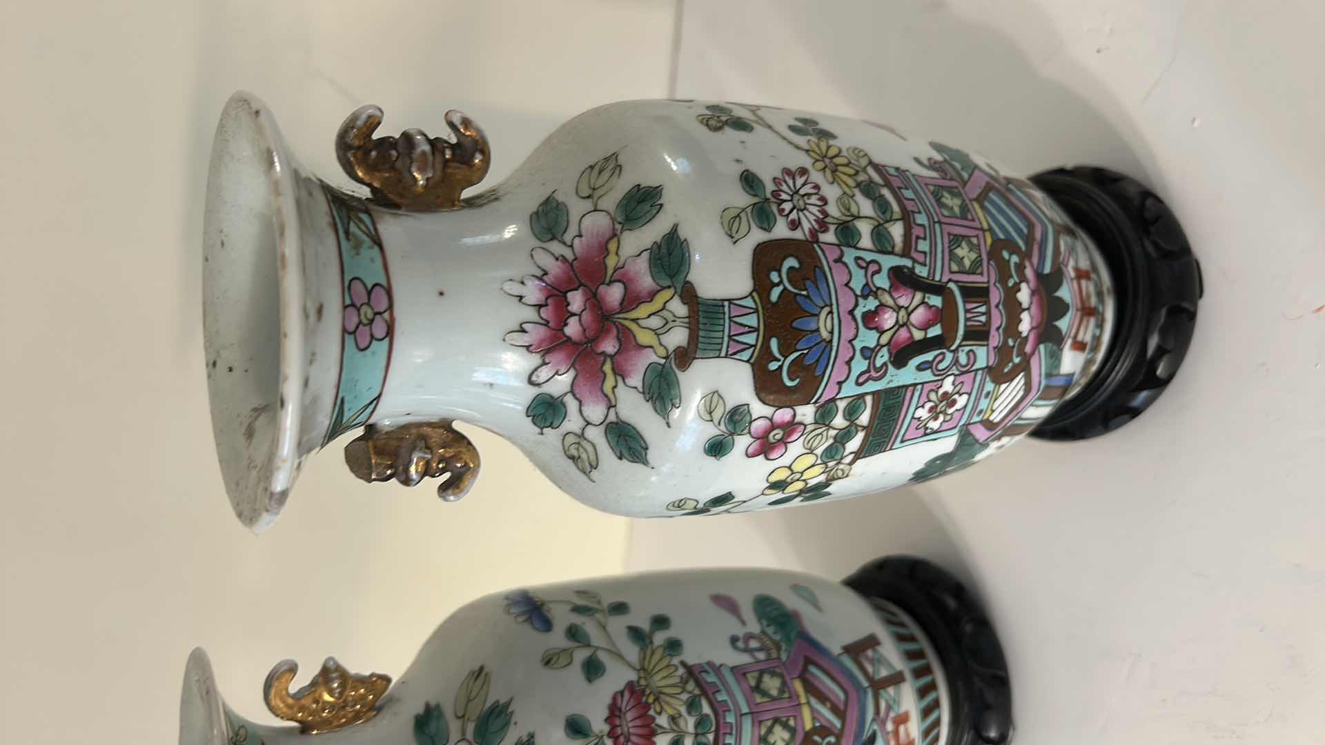 Photo 1 of 2 CHINESE FAMILLE ROSE PORCELAIN VASES H10.75”