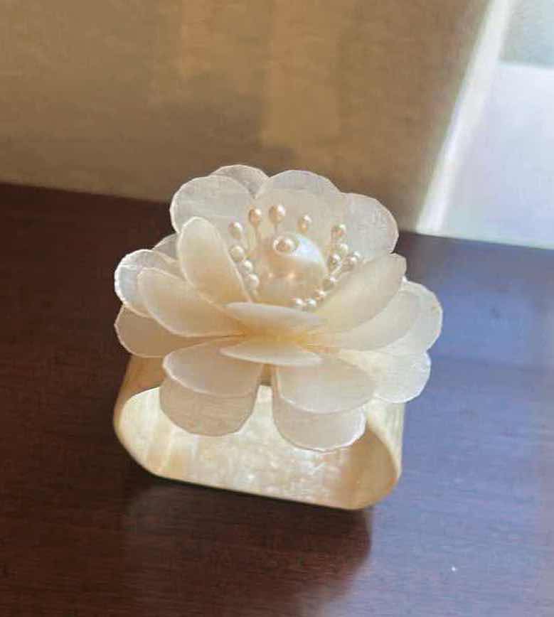 Photo 1 of VINTAGE IVORY TABLE LINENS & CAPIZ SHELL & MOTHER-OF-PEARL, FLORAL NAPKIN RINGS