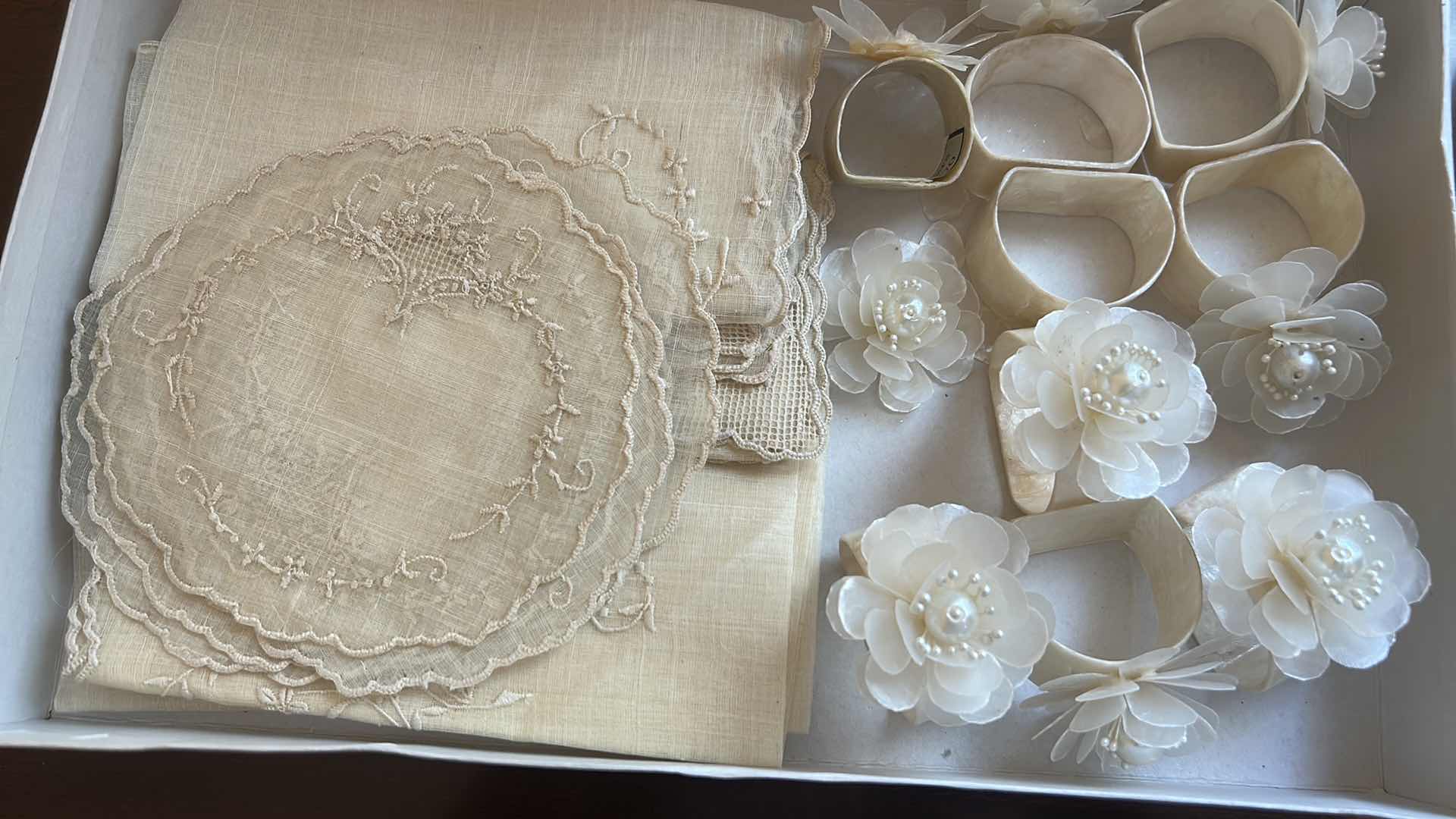 Photo 1 of VINTAGE IVORY TABLE LINENS & CAPIZ SHELL & MOTHER-OF-PEARL, FLORAL NAPKIN RINGS