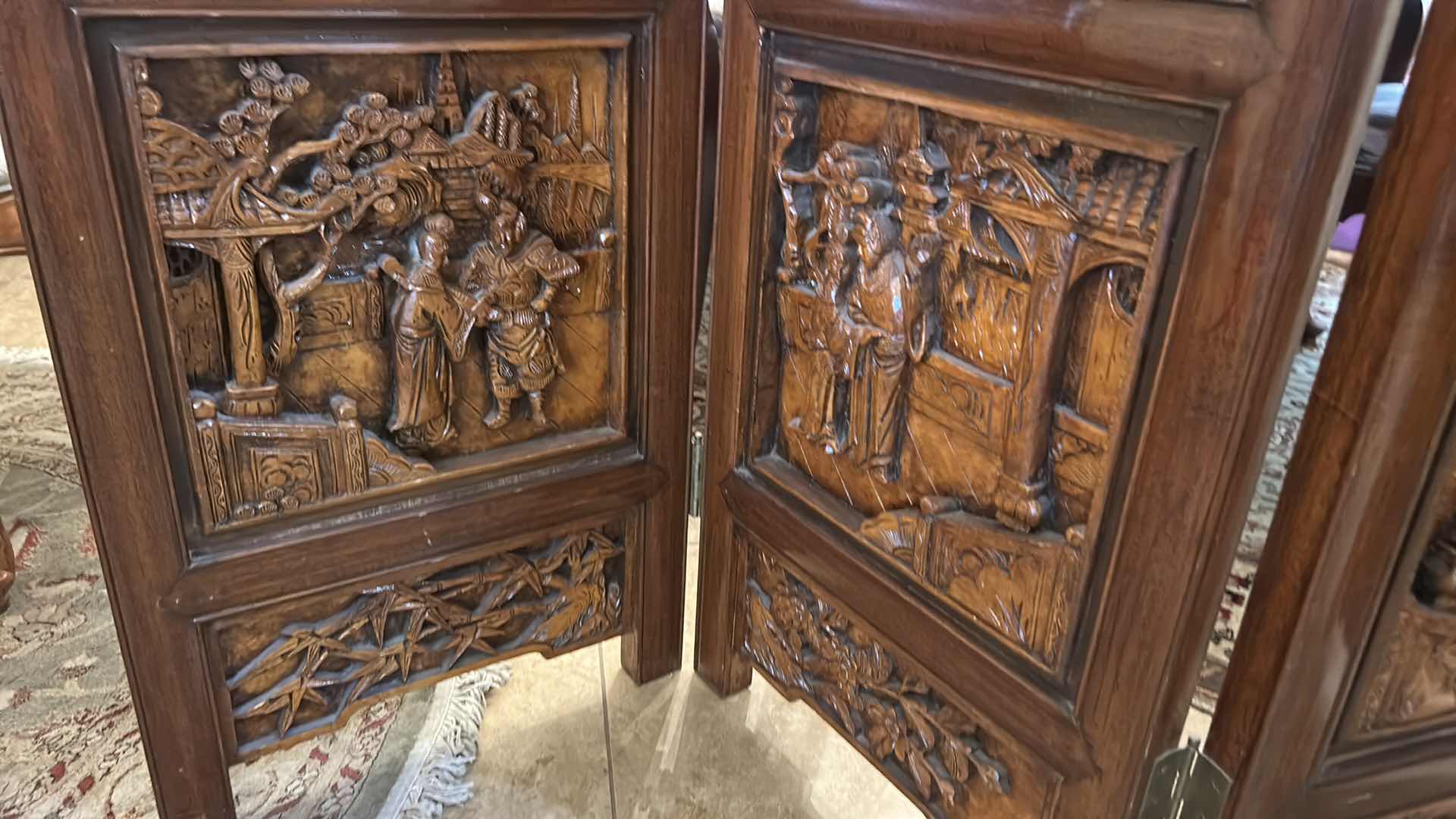Photo 1 of ANTIQUE/VINTAGE CHINESE FOUR PANEL HAND CARVED WOODEN ROOM DIVIDER/PRIVACY SCREEN
54” x 1.5” x 6’
