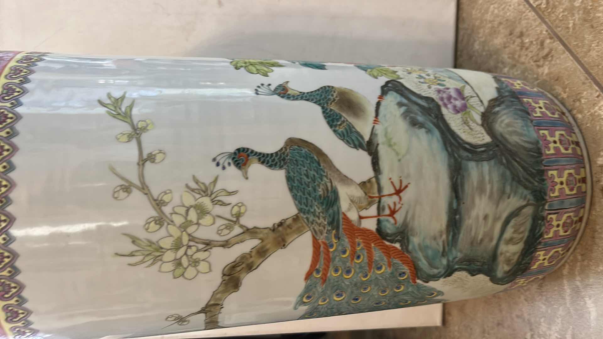 Photo 1 of VINTAGE CHINESE PORCELAIN PEACOCK & FLORAL UMBRELLA STAND/FLOOR VASE,  H18”