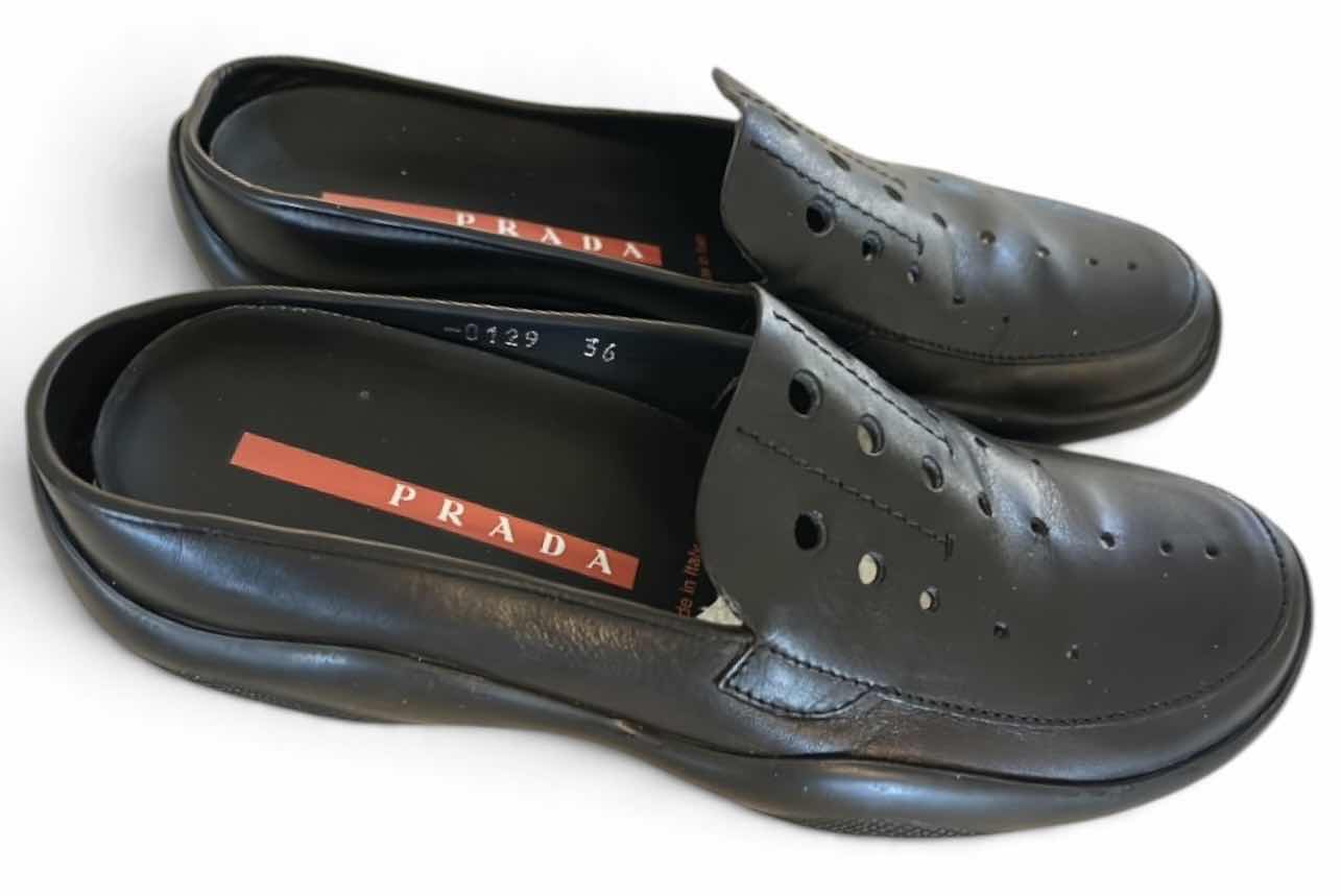 Photo 1 of PRADA SPORT BLACK LEATHER PERFORATED MULES/SLIP ON LOAFERS SIZE 7