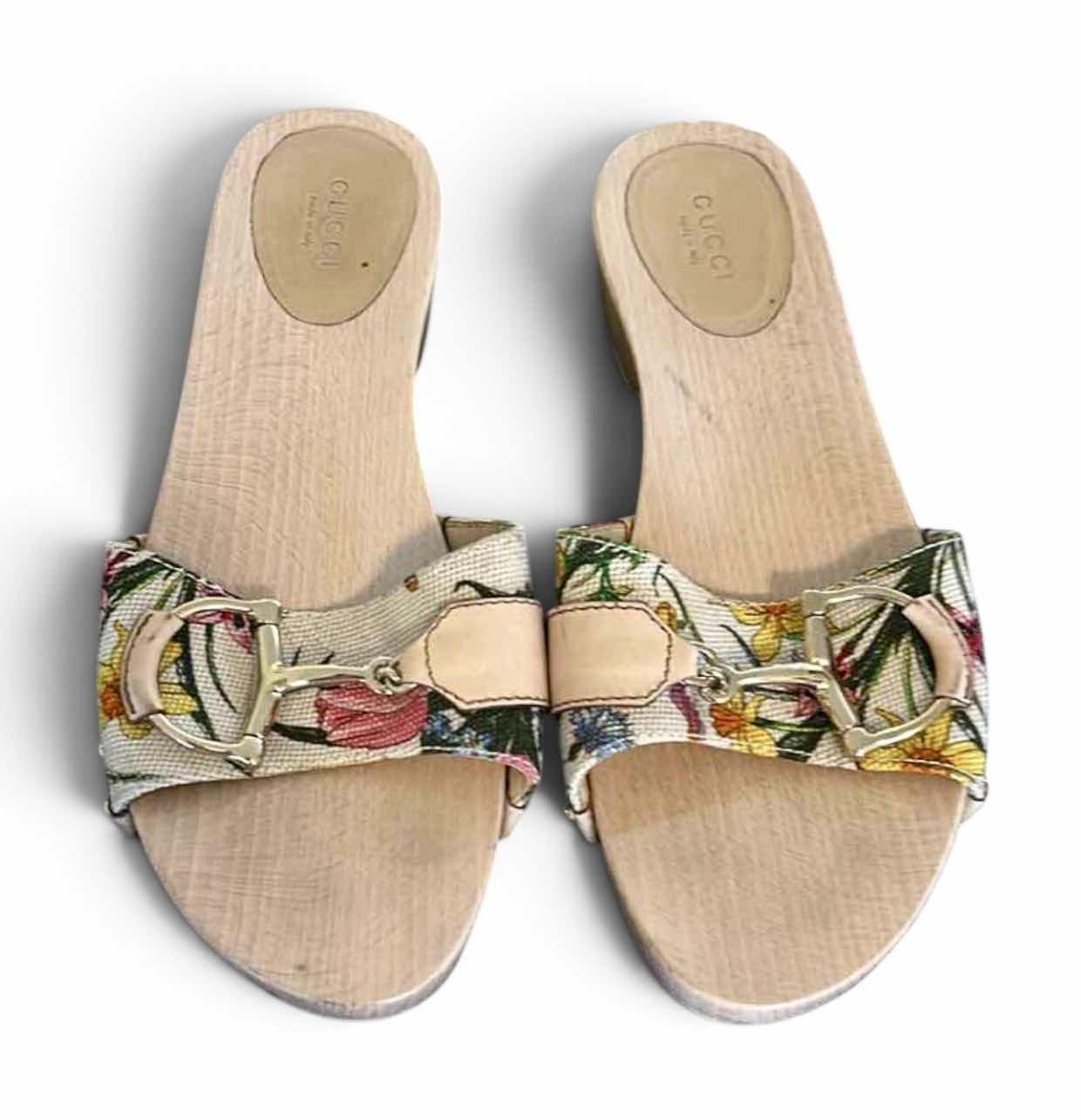 Photo 1 of GUCCI FLORA HORSE BIT WOODEN CLOG/SLIDE SANDALS SIZE 7