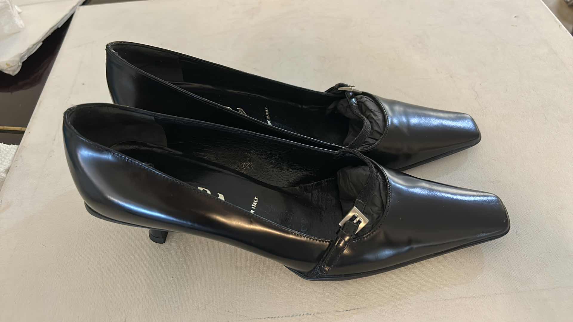 Photo 1 of PRADA BLACK LEATHER SQUARE TOE PUMPS, SIZE 7