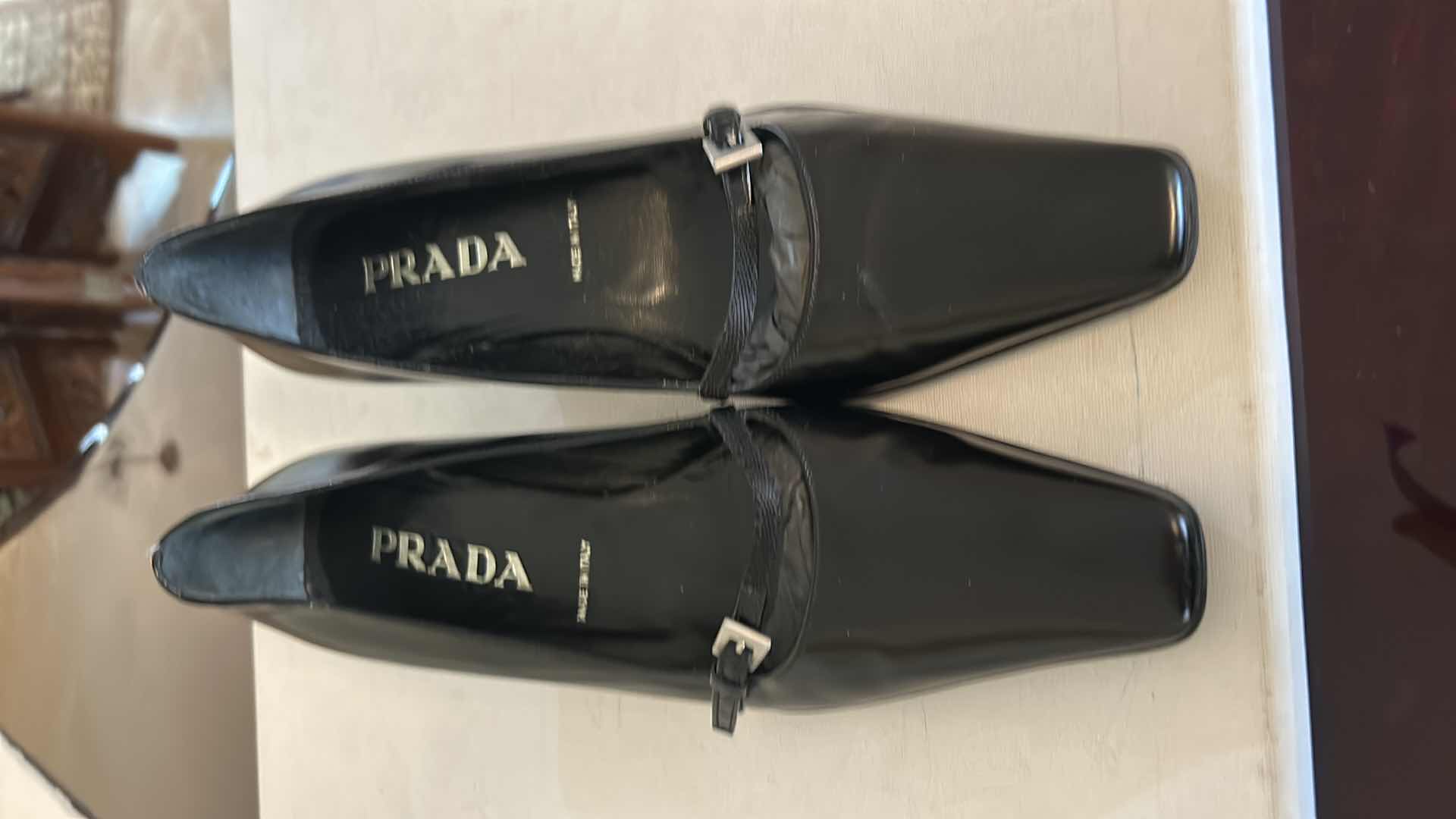 Photo 1 of PRADA BLACK LEATHER SQUARE TOE PUMPS, SIZE 7